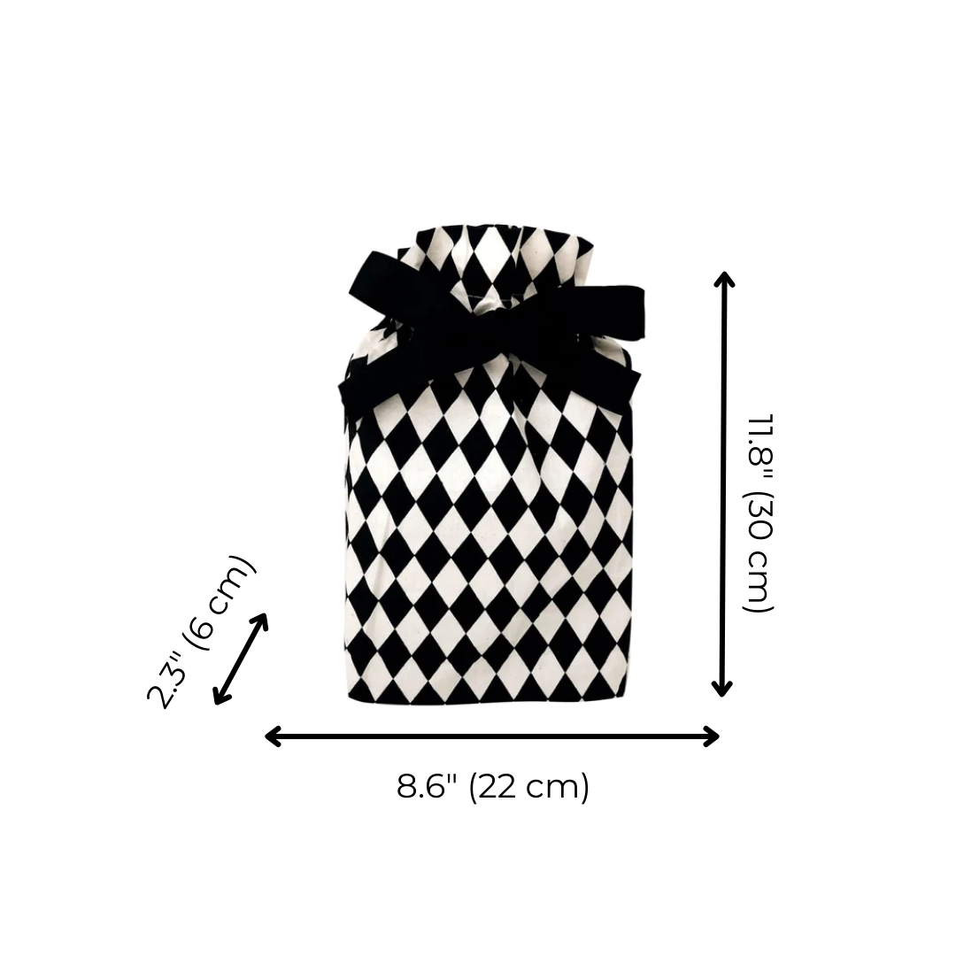 Bag-all Gift Bag Diamond Small: Reusable fabric gift bag with black and white diamond pattern, black bow closure, dimensions 11.8" x 8.6" x 2.3", perfect for sustainable gift wrapping