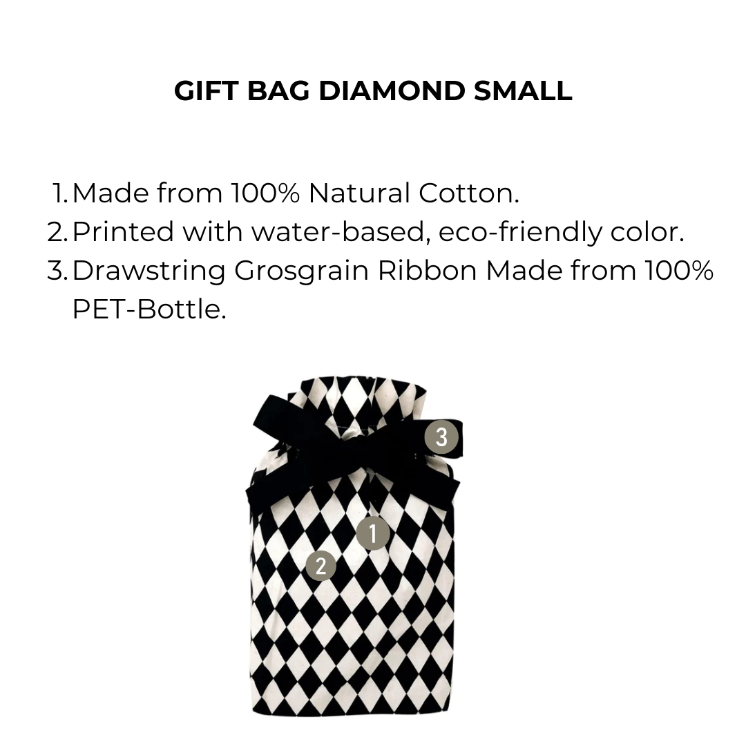 Bag-all Gift Bag Diamond Small: Eco-friendly cotton reusable gift bag with black and white diamond pattern and recycled ribbon drawstring, perfect for sustainable gifting