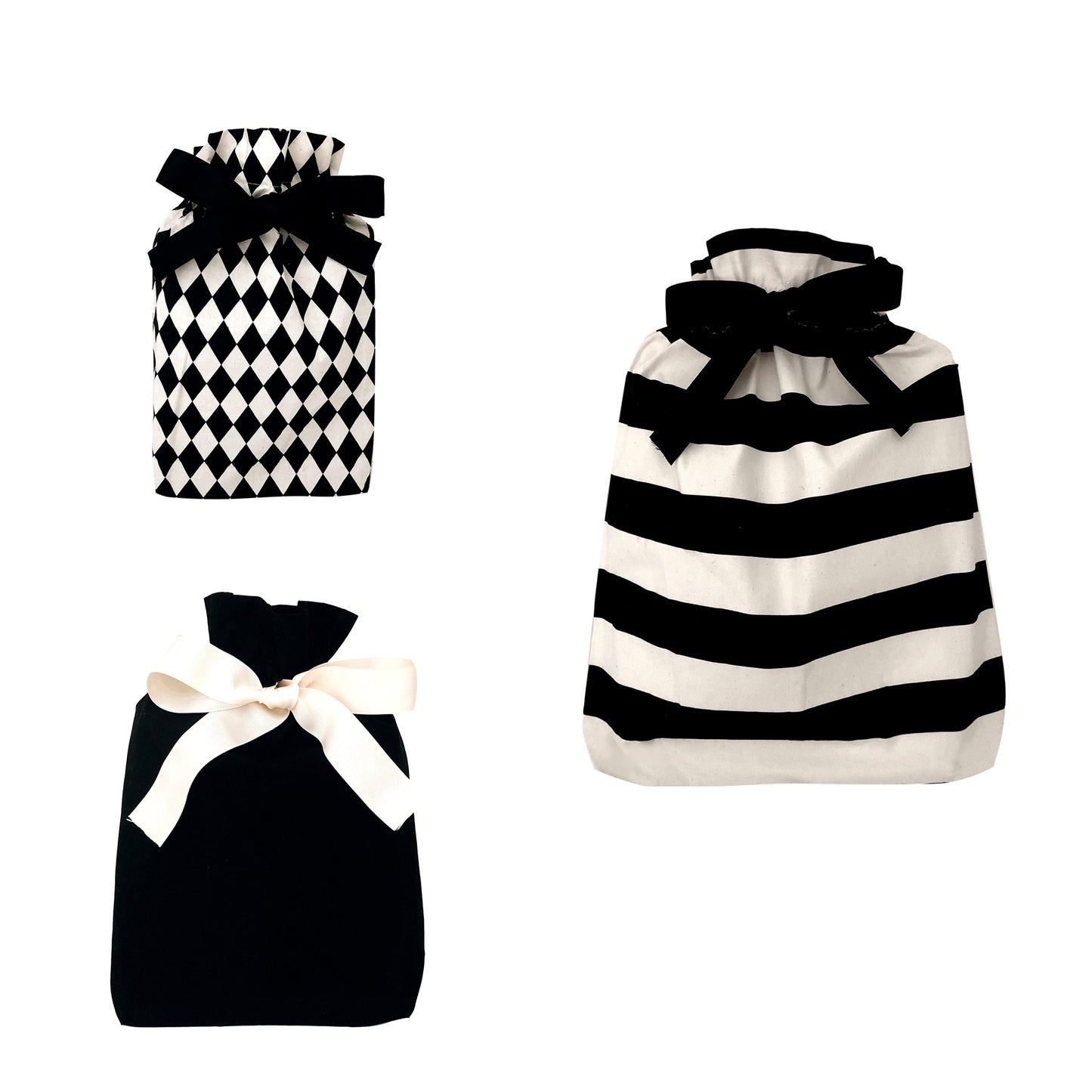 Bag-all Gift Bags Set Mix 1: Reusable fabric gift bags featuring diamond pattern, solid black, and striped designs with elegant bow closures in monochrome collection