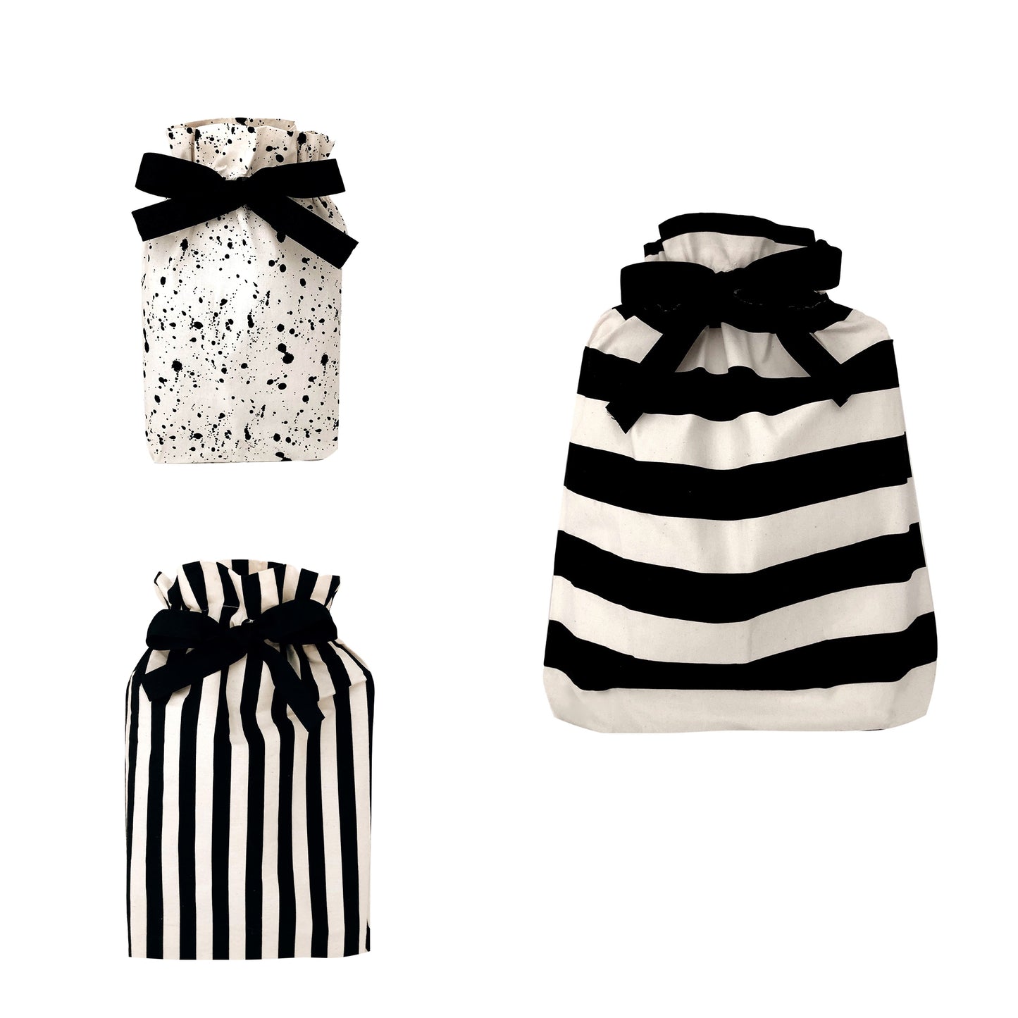 Bag-all Gift Bags Set Mix 2: stylish reusable fabric bags featuring splatter and striped patterns in black and white, adorned with elegant black bows, perfect for sustainable gift wrapping