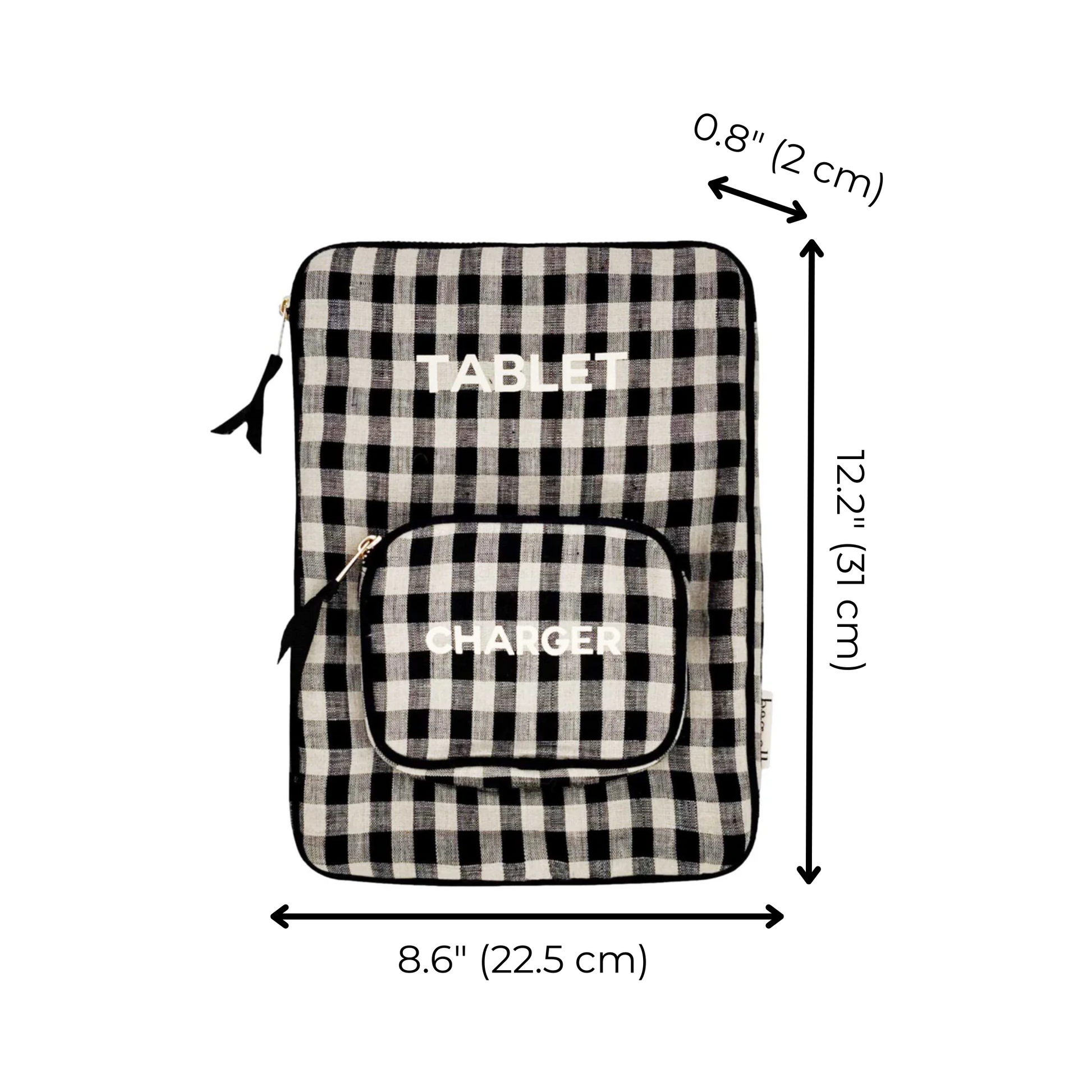 Bag-all Tablet Case 11" in black and white gingham pattern with charger pocket, featuring protective padding and zipper closure. Dimensions: 12.2" x 8.6