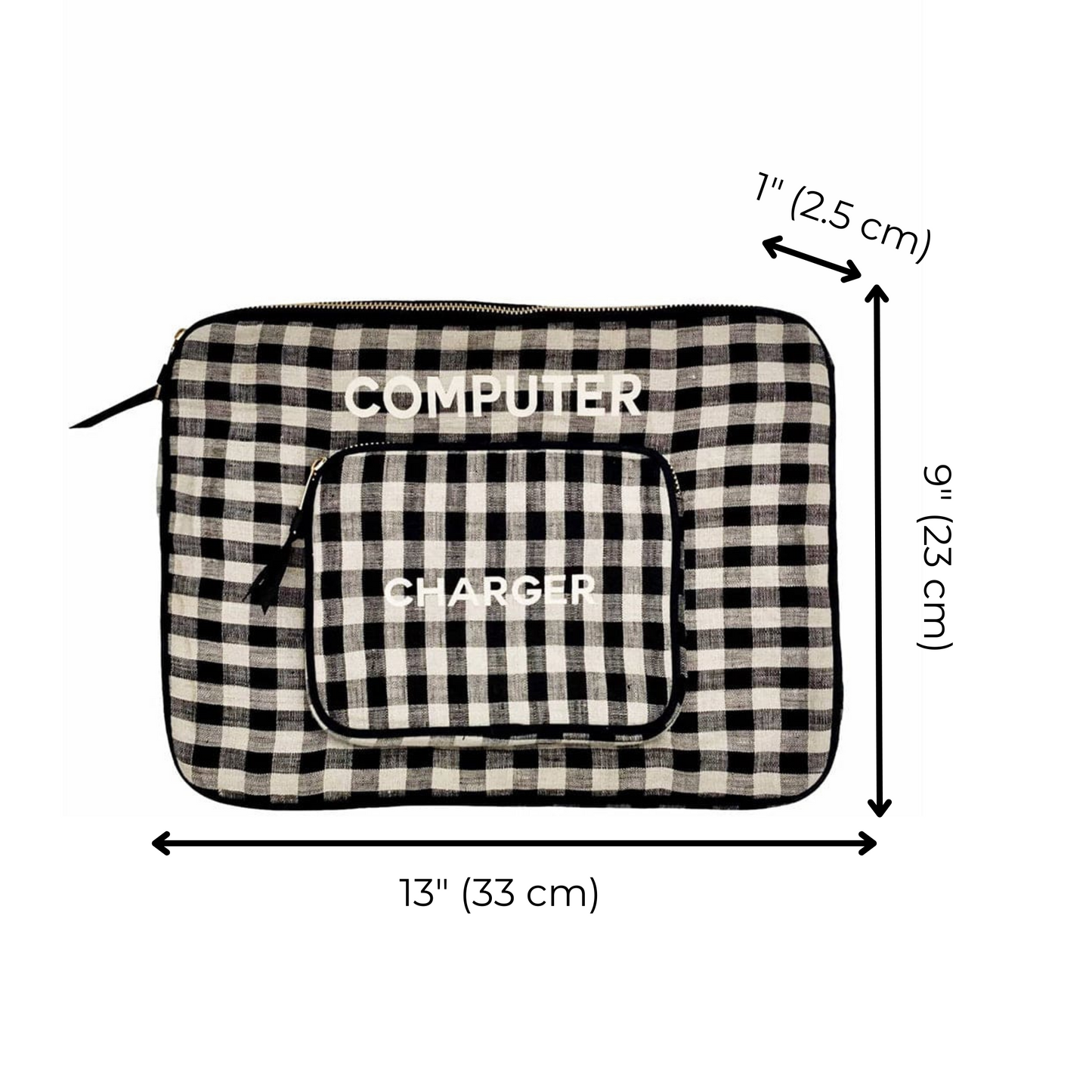 Bag-all 13" Gingham Laptop Case with Charger Pocket featuring black and white checkered pattern, padded interior, front accessory compartment, gold zipper closure. Professional protective sleeve with dimensions.