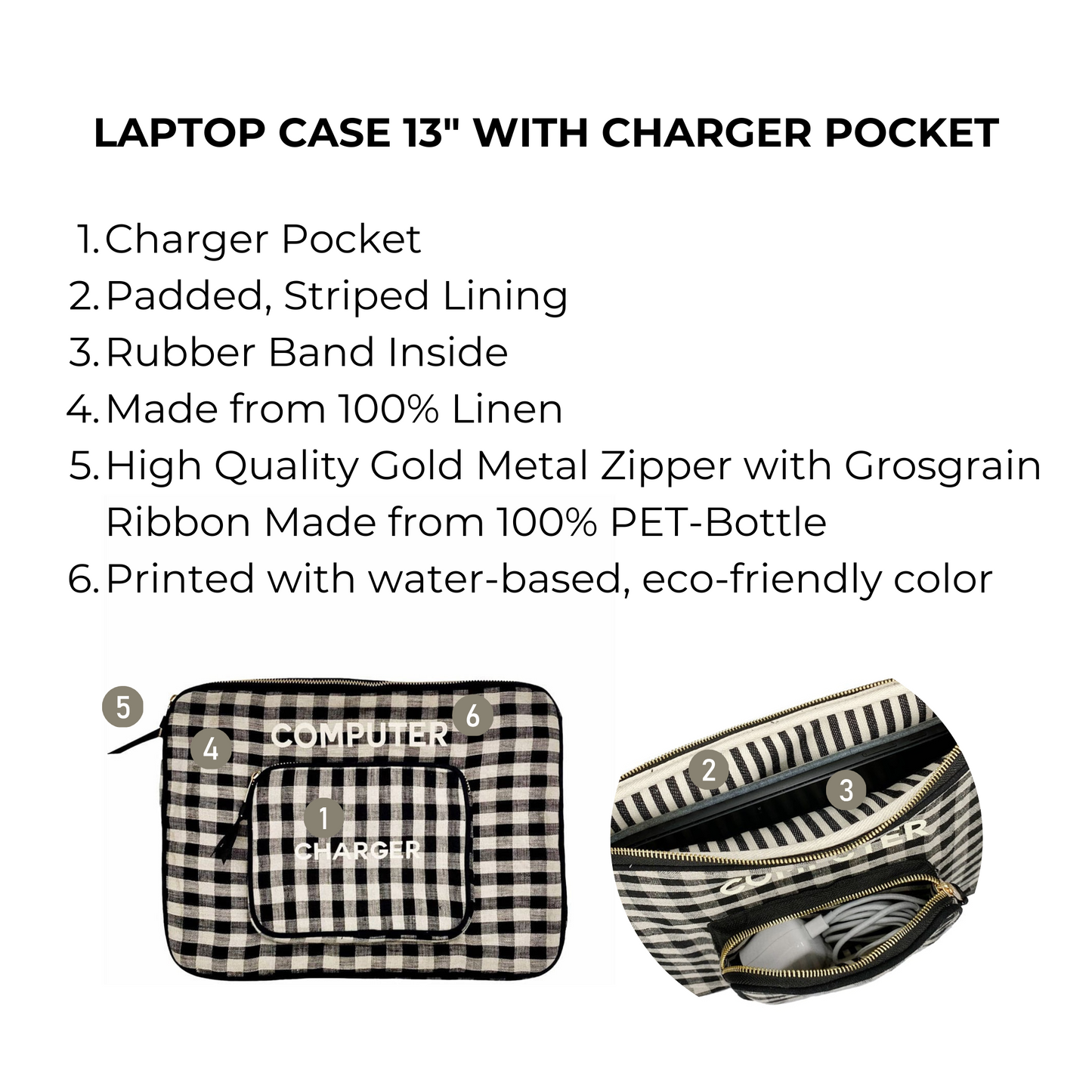 Bag-all Laptop Case 13" gingham pattern with charger pocket, padded striped lining and gold zipper. Eco-friendly linen computer sleeve with protective interior and accessory storage.
