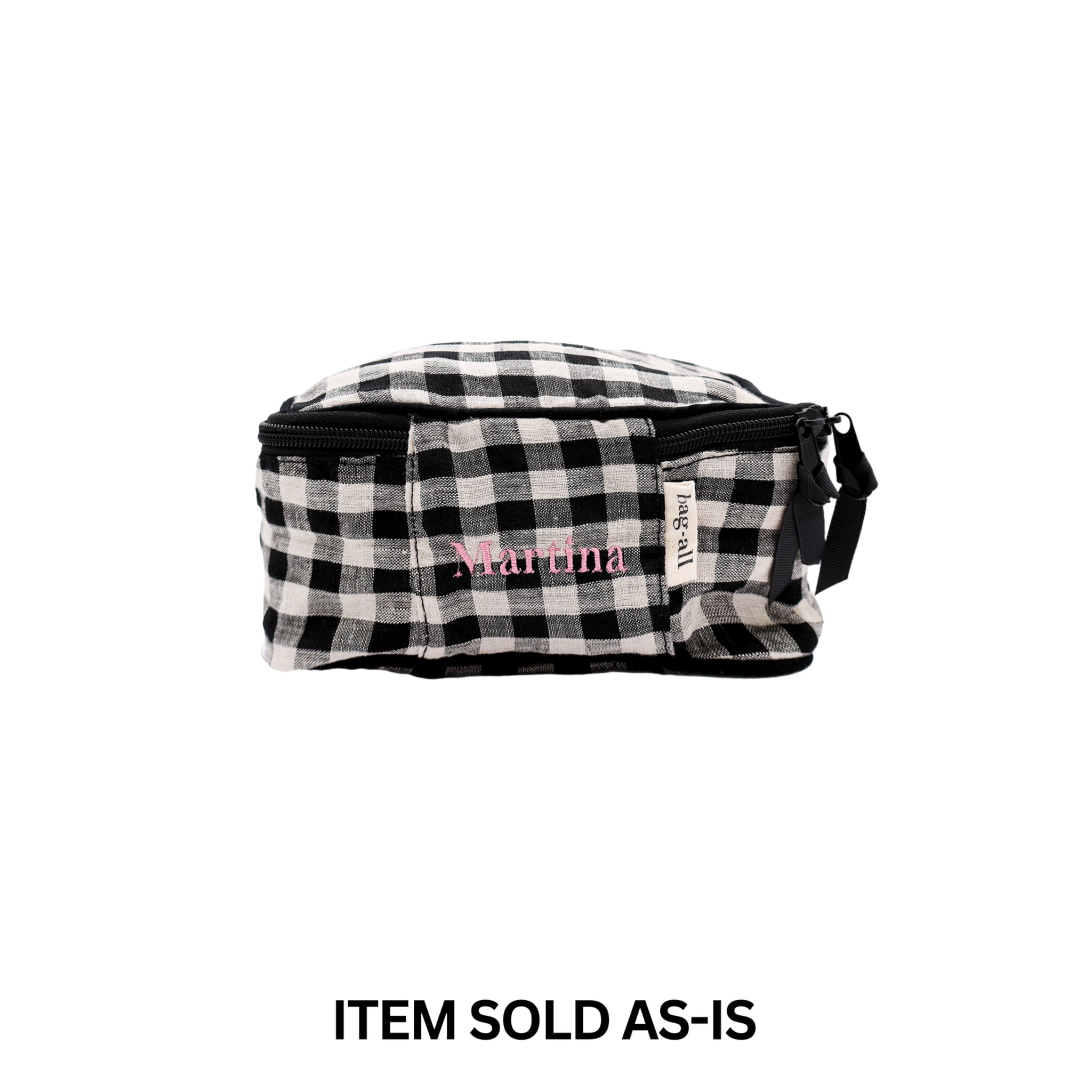 Small black and white gingham linen packing cube with faulty pink "Martina" monogram by Bag-all final sale item