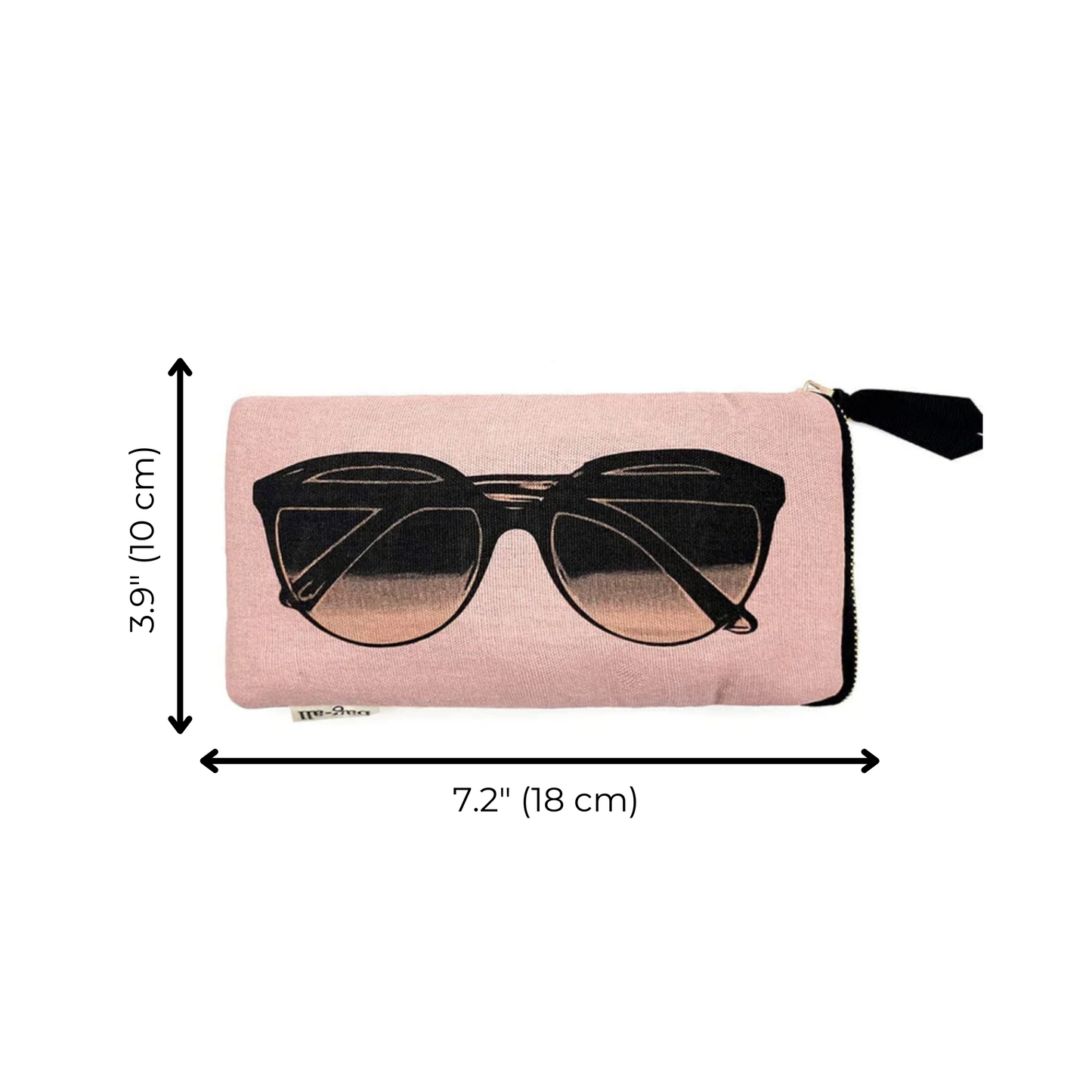 Bag-all Pink Glasses Case with Outside Pocket featuring sunglasses print, gold zipper, and extra storage compartment. Blush colored protective eyewear storage solution from Bag-all