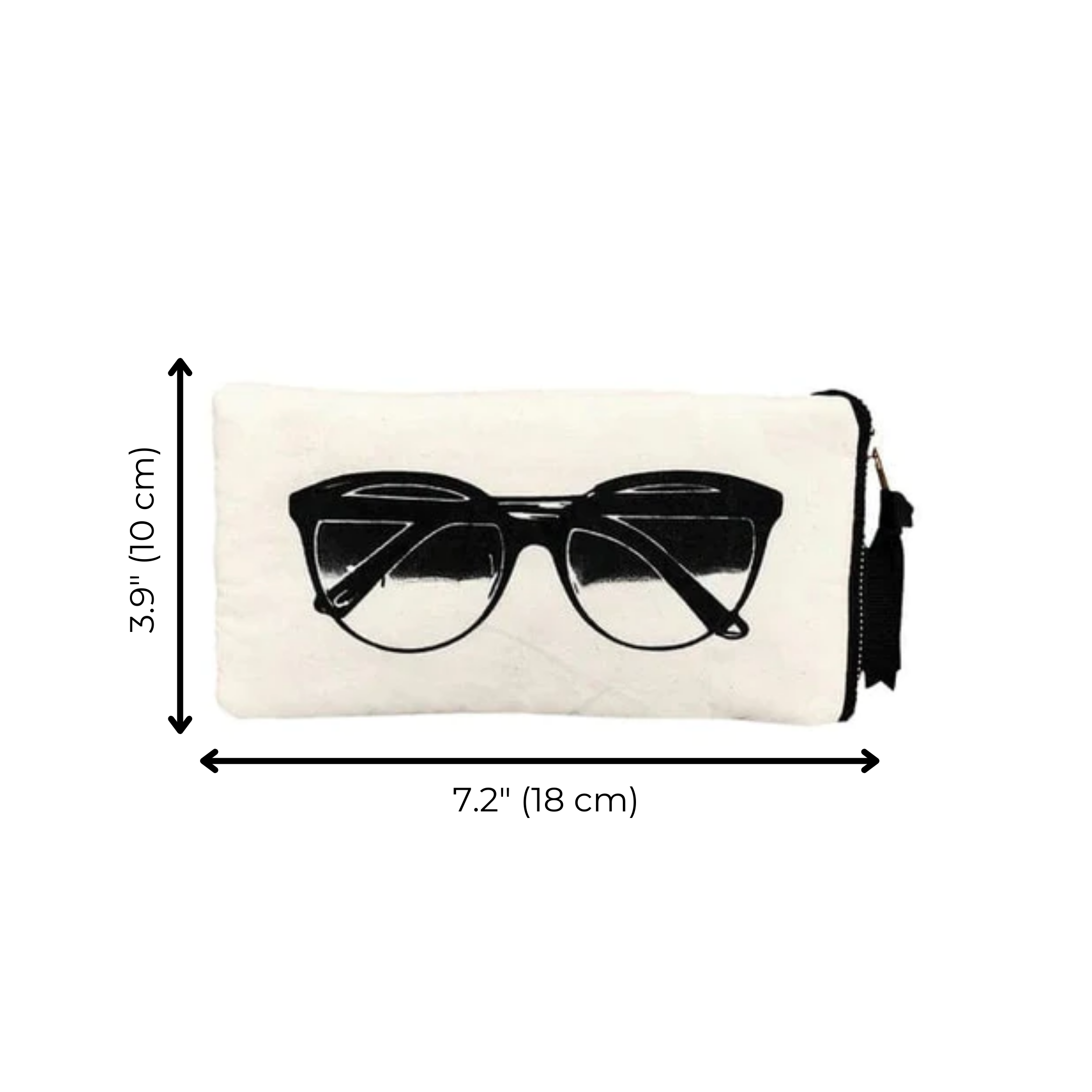 Bag-all Glasses Case with Outside Pocket in Cream featuring black sunglasses print, convenient side zipper pocket, measures 7.2x3.9 inches, perfect for eyewear storage and accessories