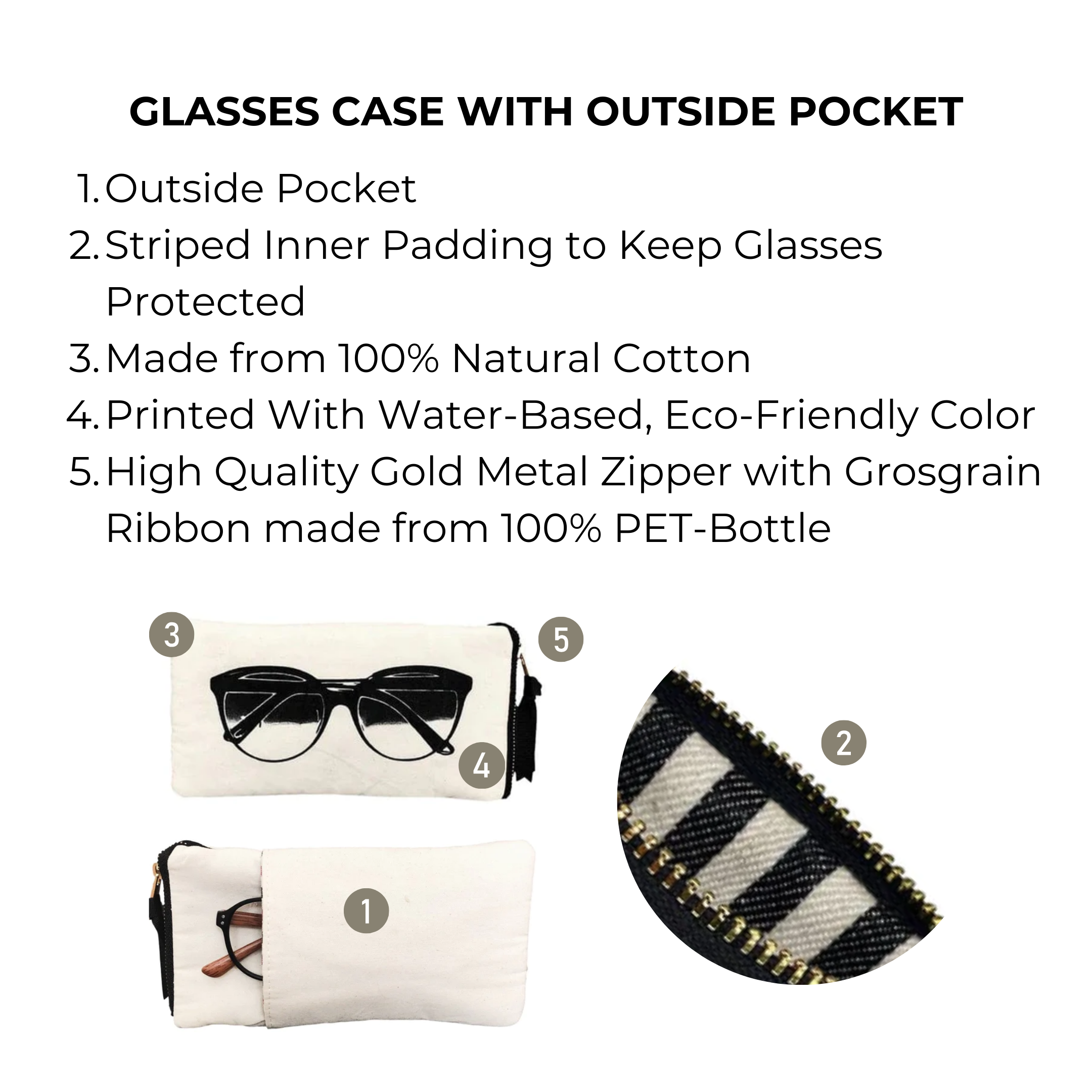 Bag-all Glasses Case with Outside Pocket in cream - stylish protective case with striped padding, eco-friendly cotton construction, gold zipper, and convenient exterior storage pocket for essentials