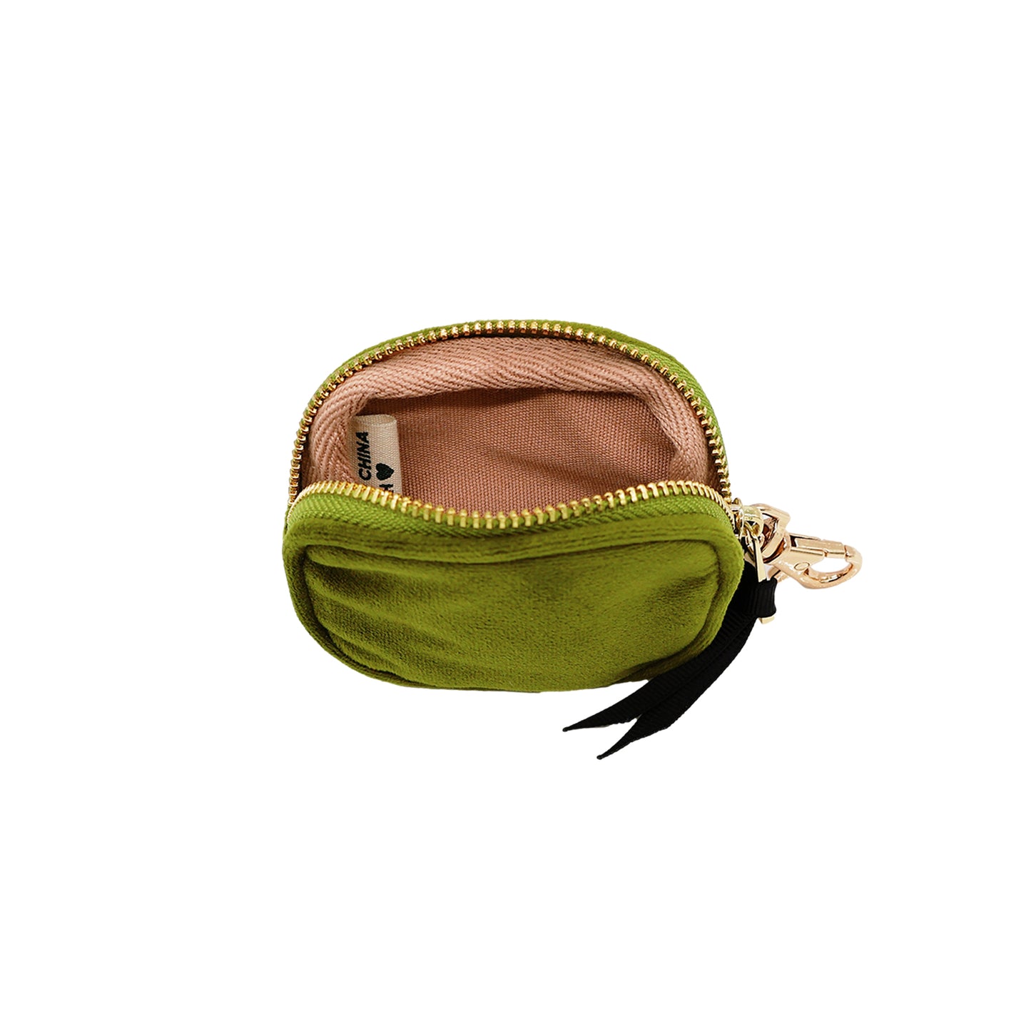 Bag-all Green Velvet Earbuds Case with gold zipper and clasp, featuring soft eco-velvet exterior and protective inner lining, perfect for storing AirPods and wireless earbuds