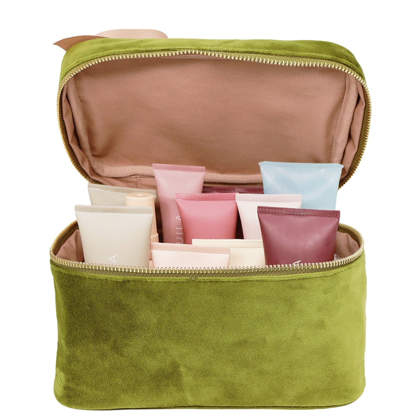 Bag-all My Makeup Cosmetic Box in luxurious green velvet, featuring waterproof interior and spacious square design, displaying various beauty products and travel-sized containers neatly organized inside