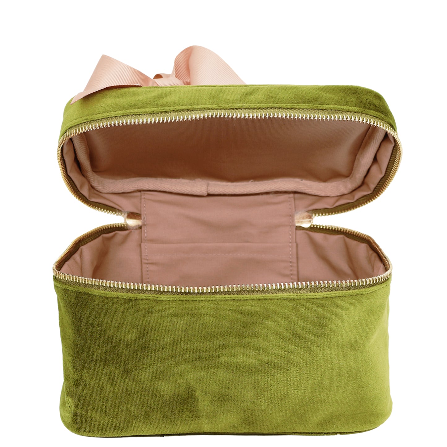 Bag-all My Makeup Cosmetic Box in luxurious green velvet with rose gold interior, featuring waterproof lining and zip closure - perfect for organizing beauty essentials in style