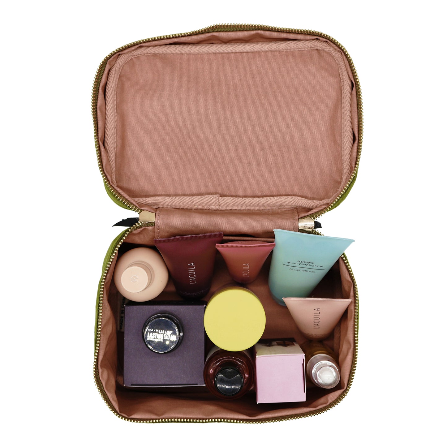Bag-all My Makeup Cosmetic Box in Green Velvet, opened to show organized beauty products in waterproof interior with pink lining, featuring multiple compartments filled with cosmetic containers