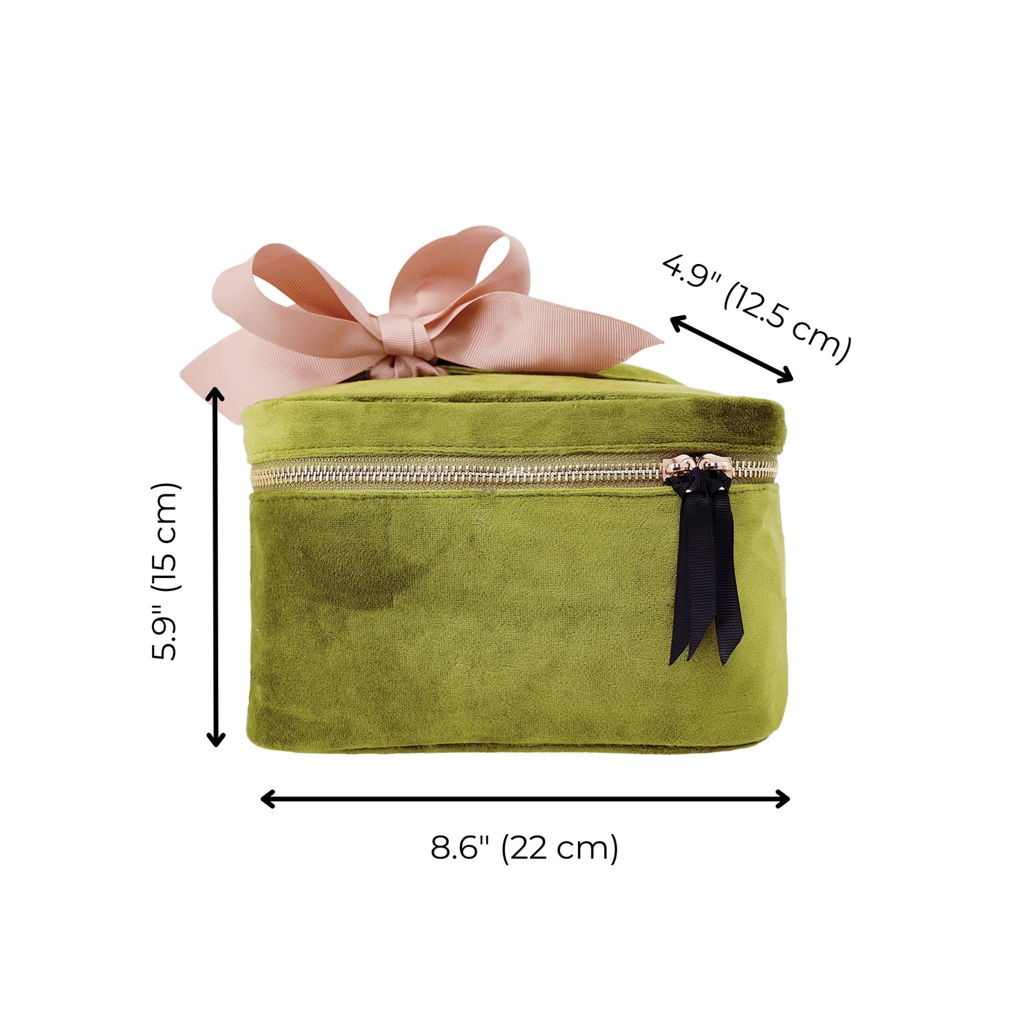 Bag-all My Makeup Cosmetic Box in luxurious green velvet with pink bow accent, featuring waterproof interior and gold zipper detail. Perfect square organizer measuring 8.6x5.5x4.9 inches.