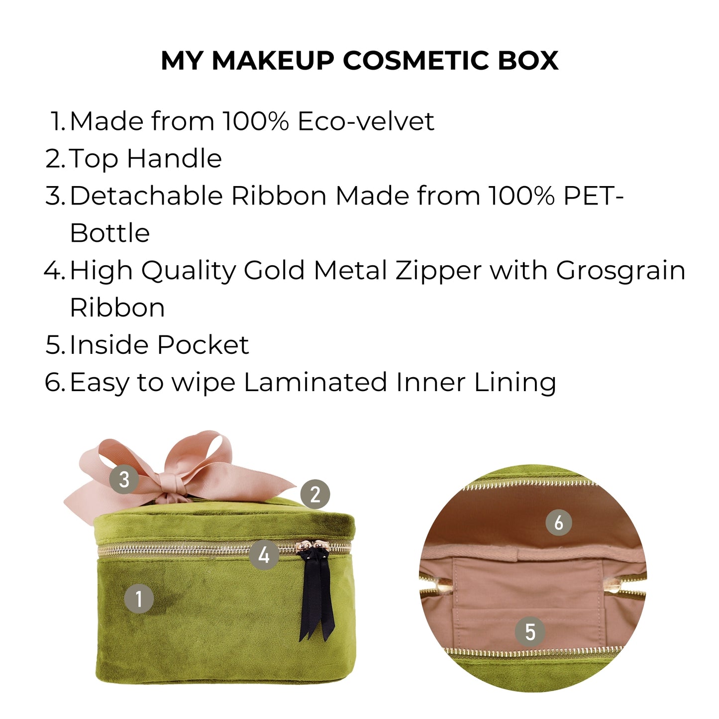 Bag-all My Makeup Cosmetic Box in luxurious green velvet with eco-friendly materials, gold zipper, detachable ribbon, interior pocket and waterproof lining for organized beauty storage