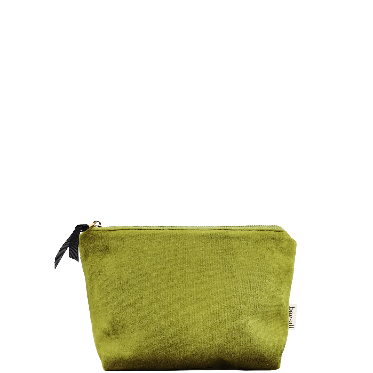 Bag-all My Makeup Pouch in luxurious green velvet with waterproof coated lining and black zipper detail, perfect for organizing beauty essentials