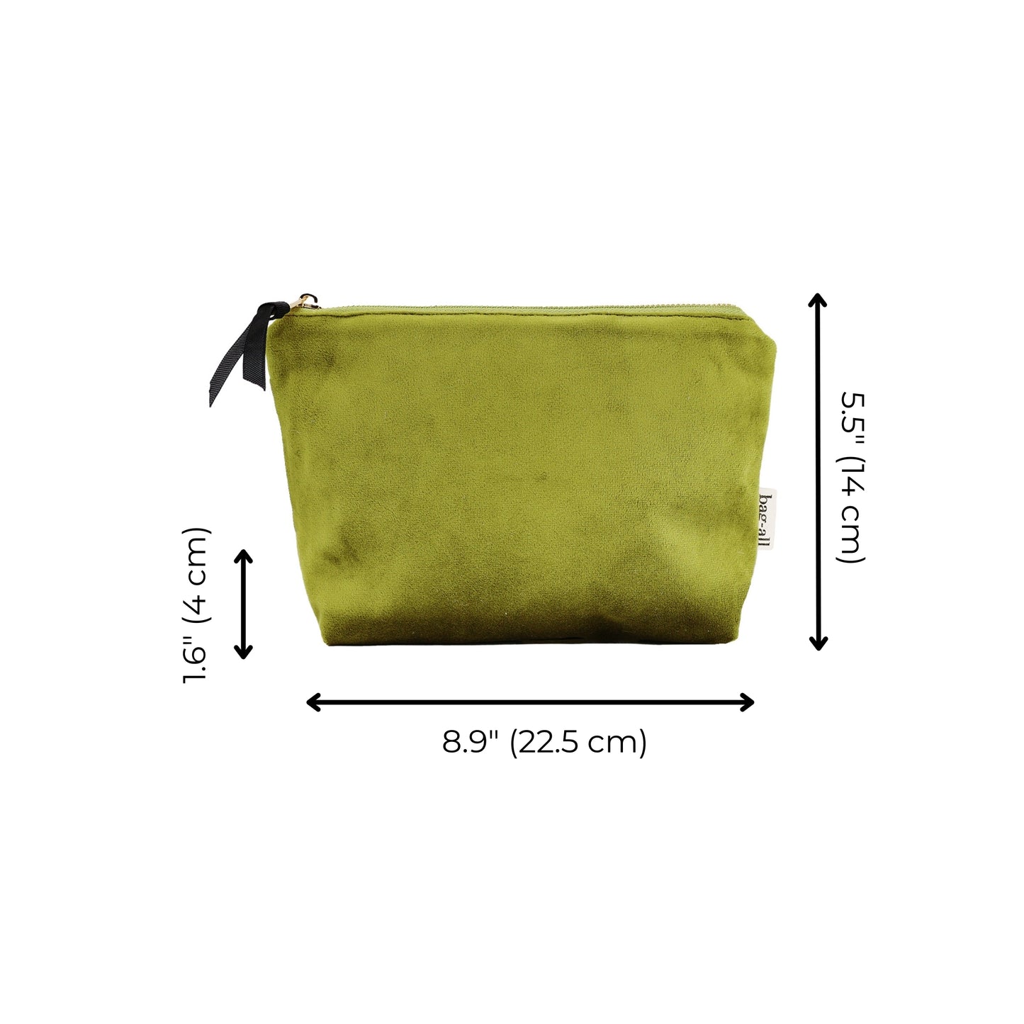 Bag-all My Makeup Pouch in luxurious green velvet with waterproof coated lining, featuring zipper closure, measuring 8.9 x 5.5 x 1.6 inches, perfect for organizing beauty essentials