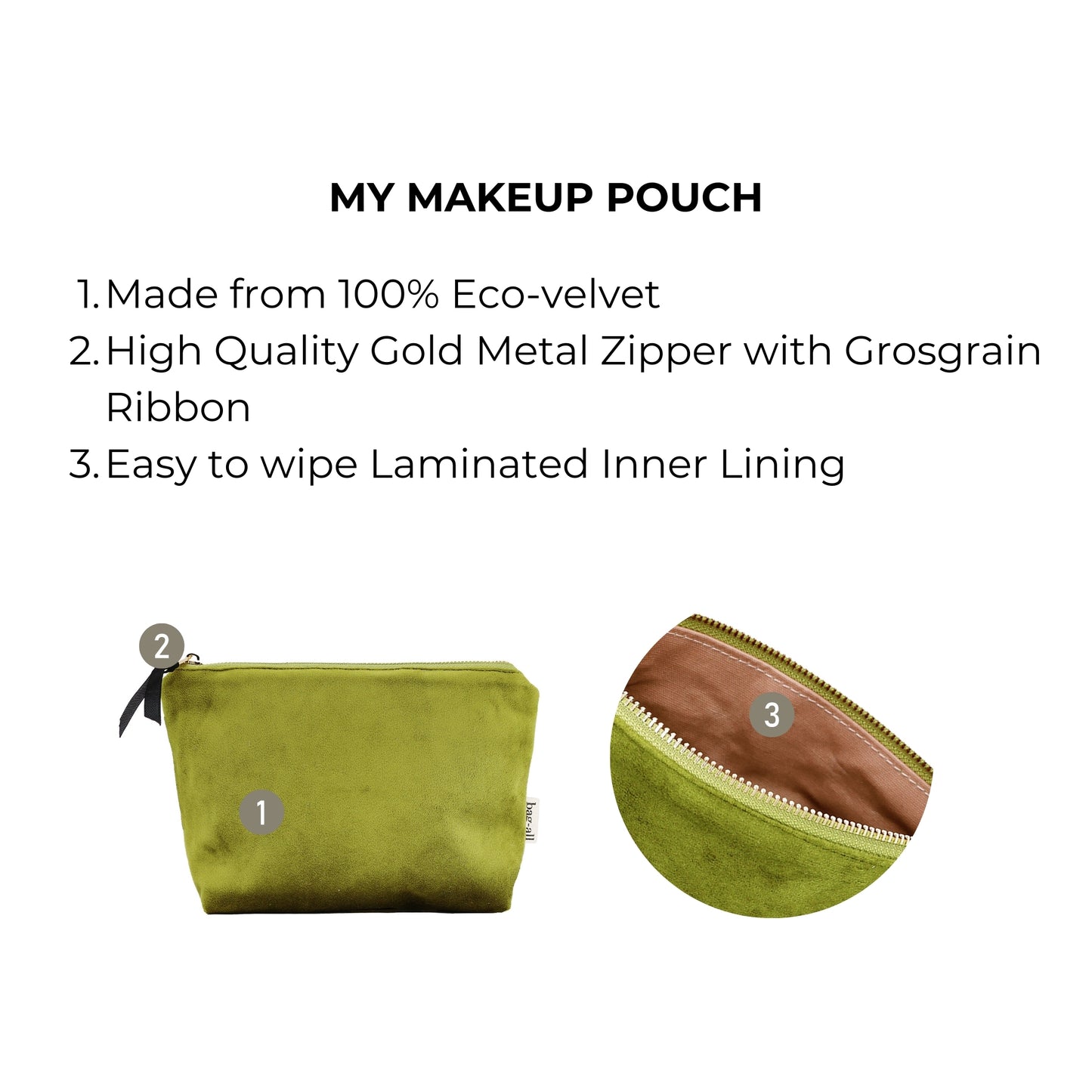 Bag-all My Makeup Pouch in green eco-velvet with waterproof coated lining and gold zipper, showcasing interior and exterior views of the cosmetic organizer bag