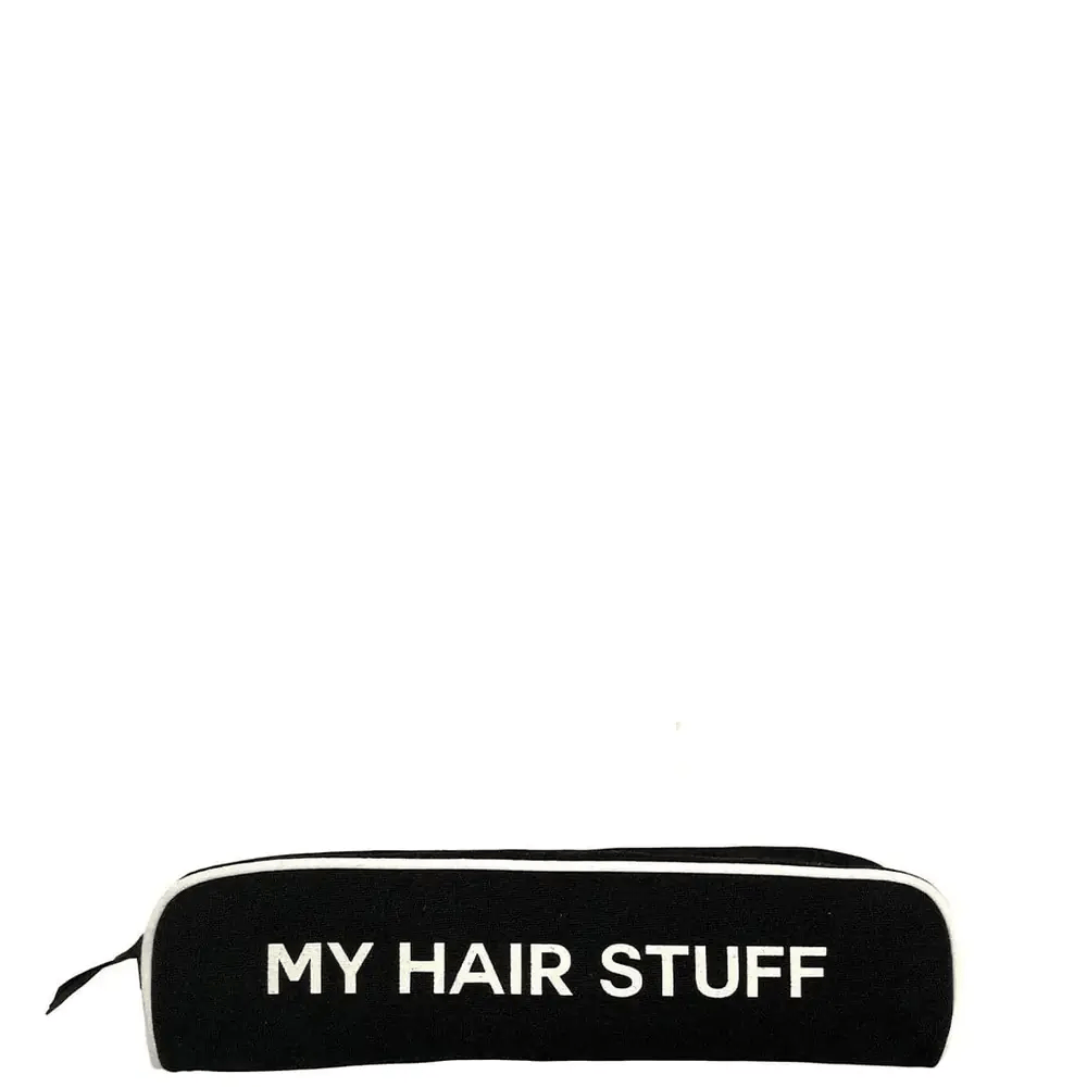 Black Bag-all hair tools travel case with white "MY HAIR STUFF" text for organizing curling irons and straighteners