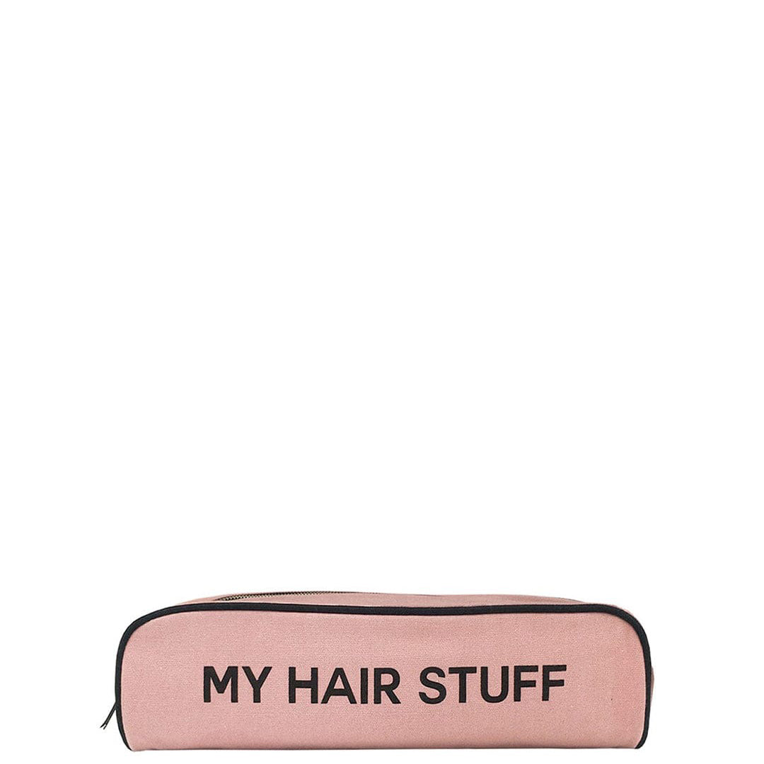 Pink blush Bag-all Hair Tools Travel Case with black zipper and "MY HAIR STUFF" text for curling irons and styling tools