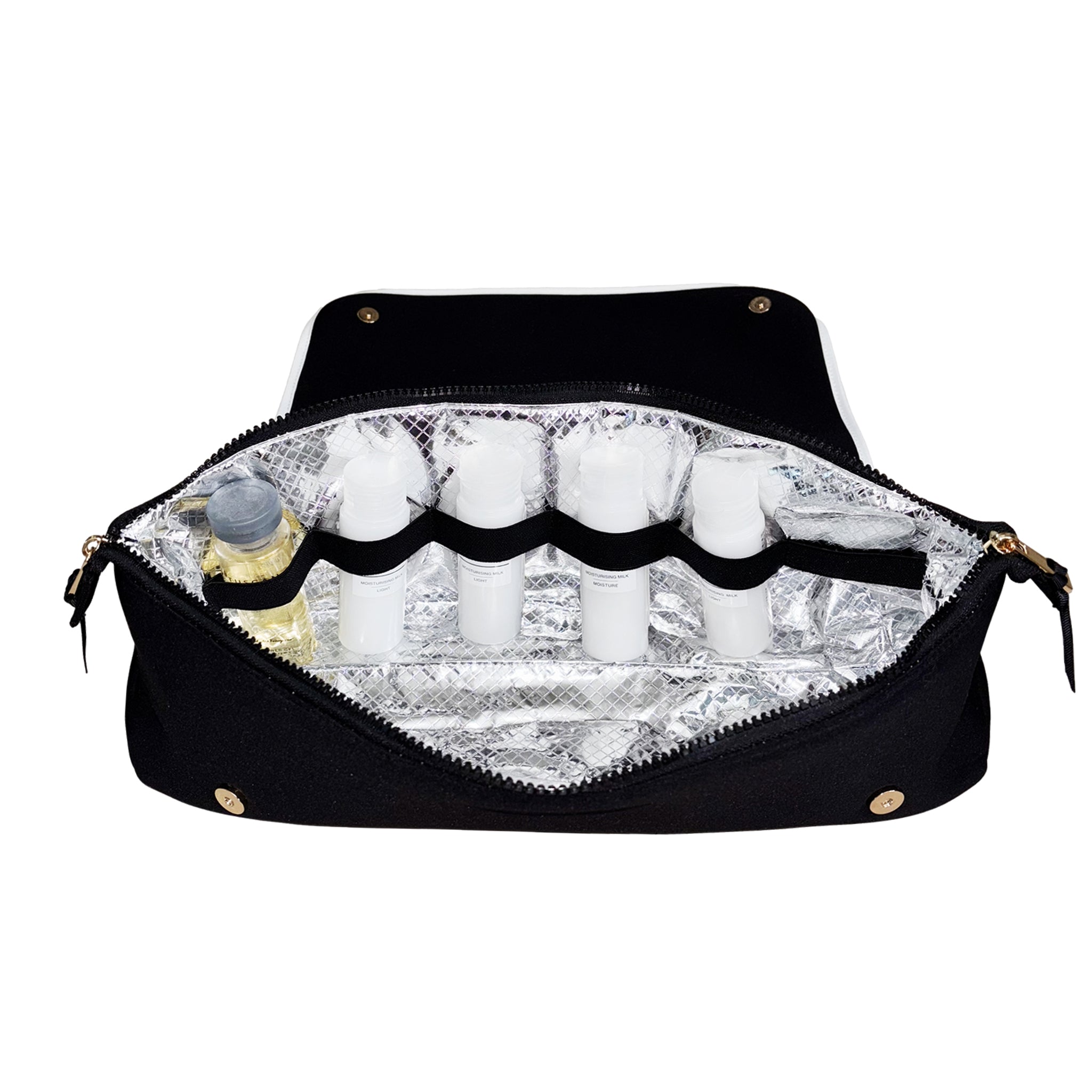 Bag-all black travel case with heat-resistant mat, organizing hair tools and bottles securely for easy transport