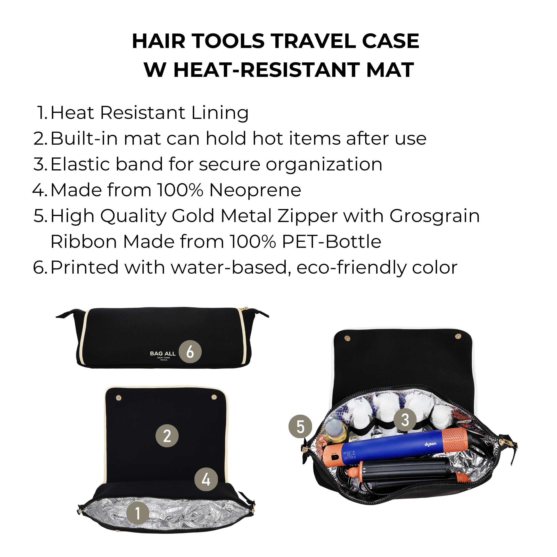 Bag-all black hair tools travel case with heat-resistant mat and elastic band for secure storage and organization