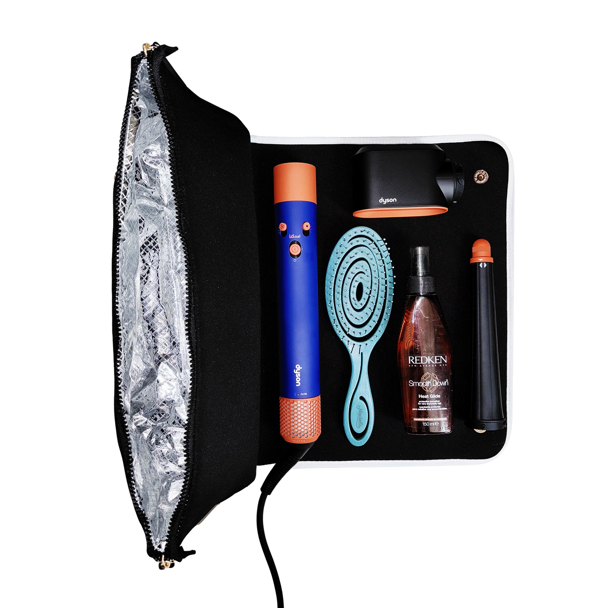 Bag-all black hair tools travel case with heat-resistant mat holding hair dryer, brush, and styling products