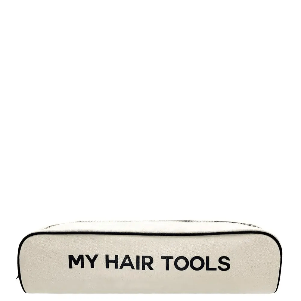 Cream Bag-all travel case for hair styling tools with bold black MY HAIR TOOLS text on front side