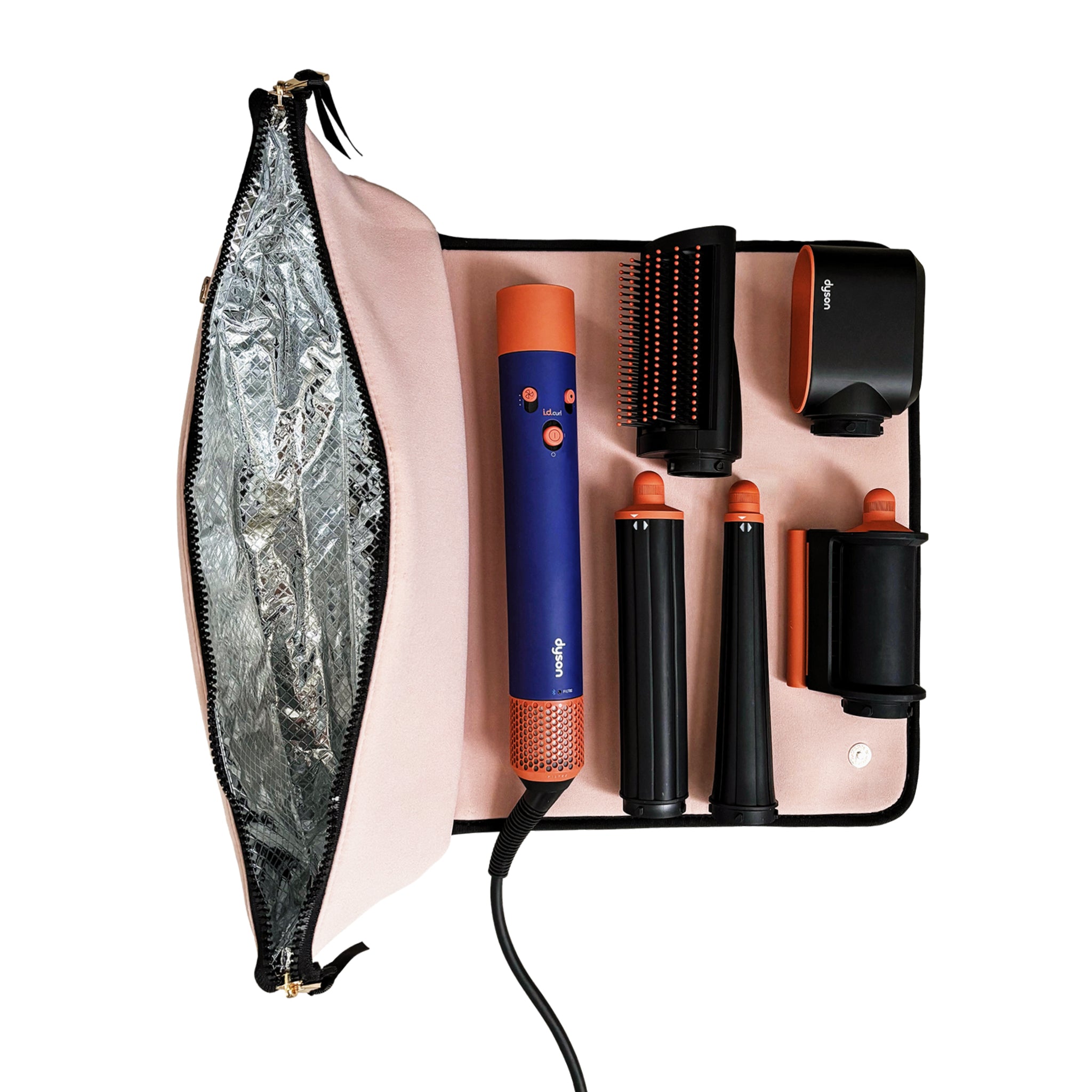 Bag-all Hair Ritual Deal gift set with 3-pack brushes and pink blush hair tools organizer pouch open view