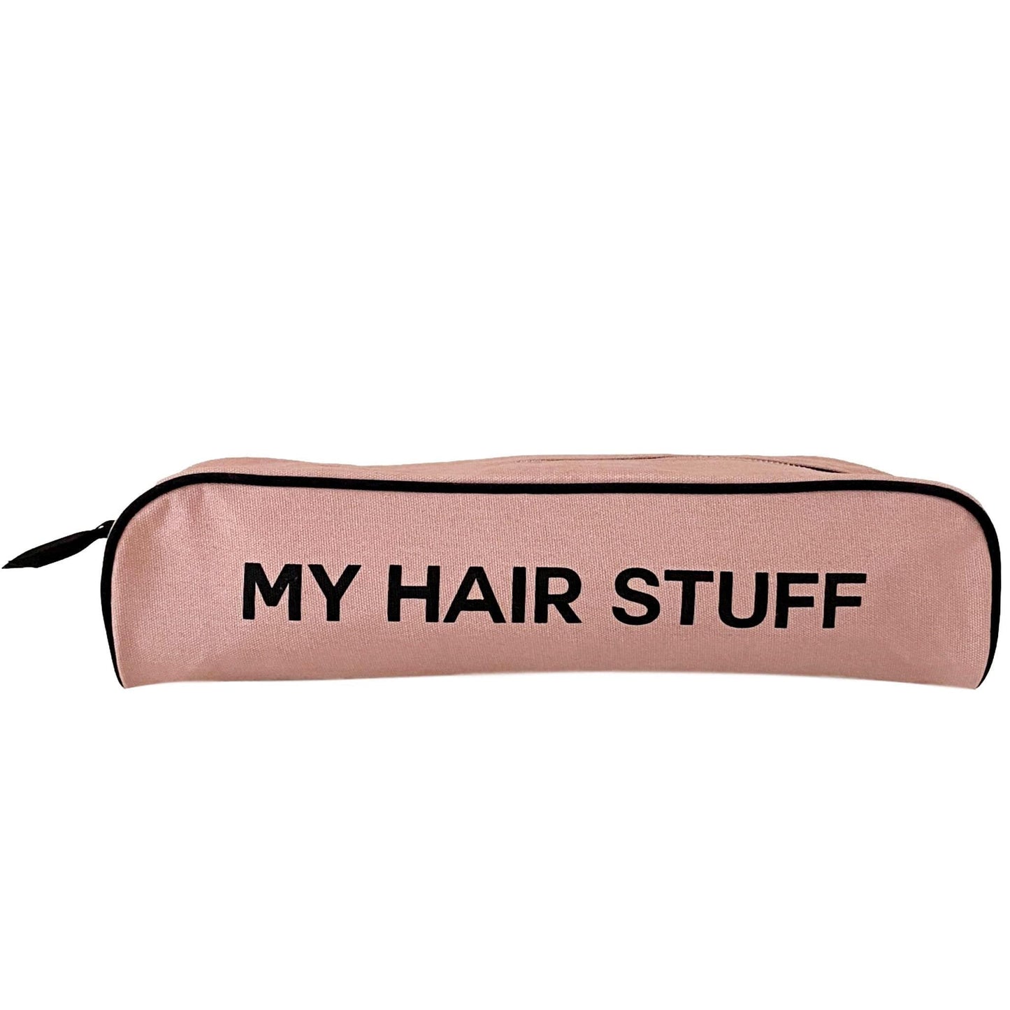 Bag-all My Hair Stuff organizer in stylish rose gold, compact travel-friendly case for hair accessories and tools, featuring black text on metallic fabric