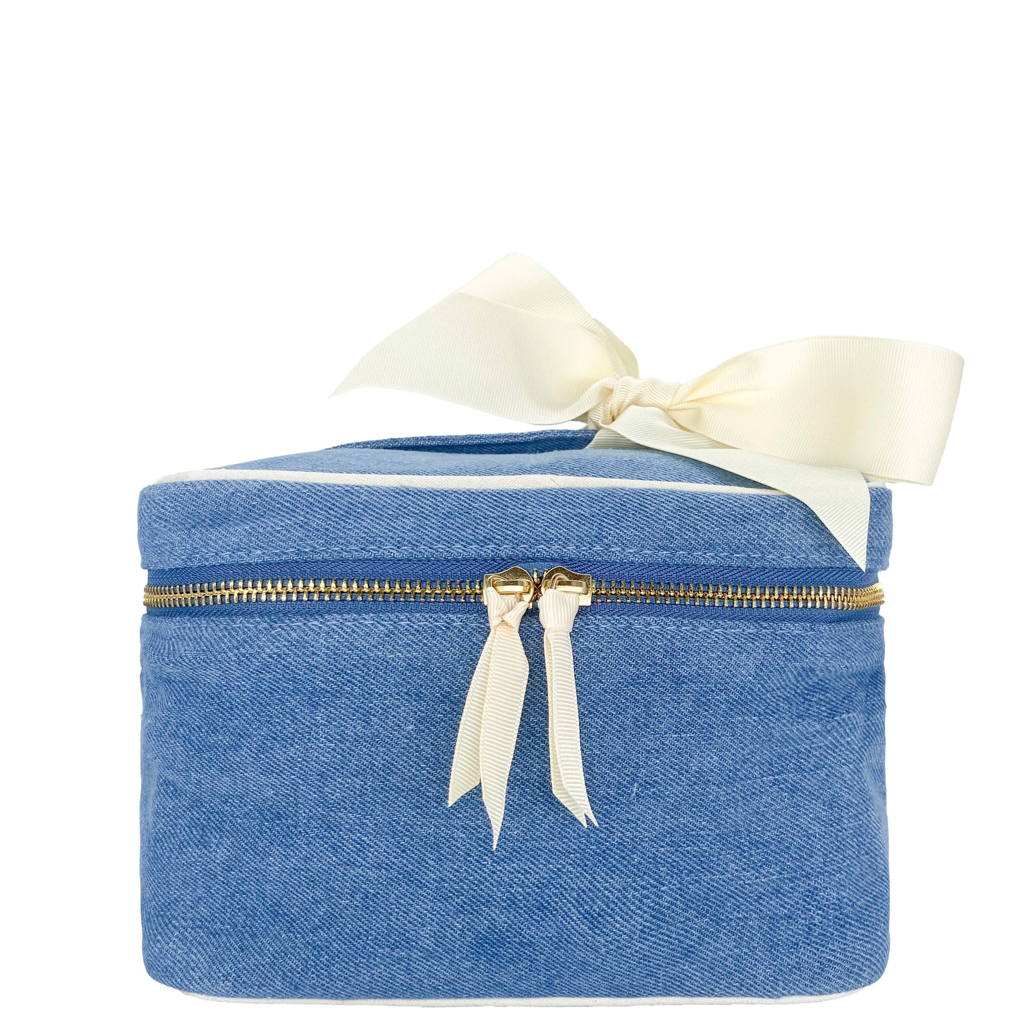 Bag-all My Makeup Cosmetic Box in Denim - Stylish square organizer with waterproof interior, gold zipper, and cream bow detail, perfect for storing beauty essentials