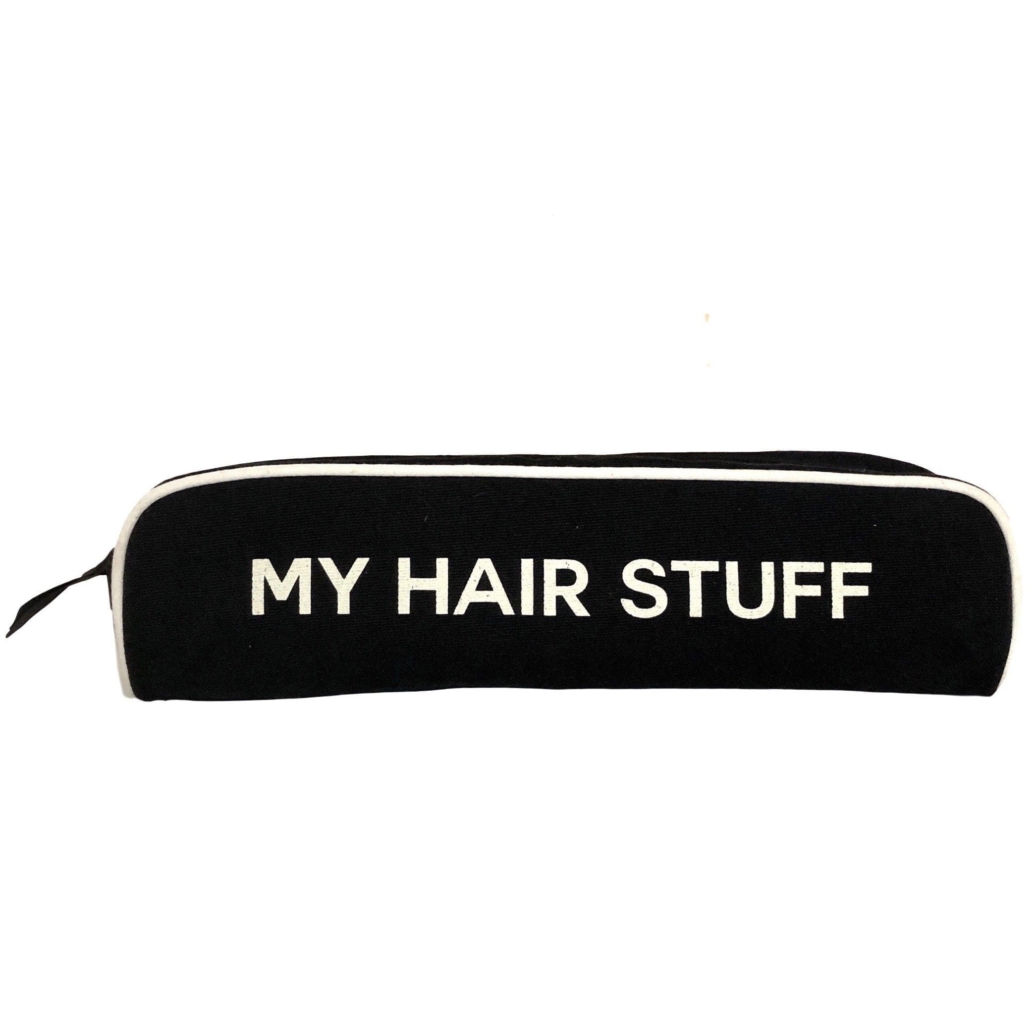 Bag-all My Hair Stuff Travel Case - Black cotton organizer pouch with white trim and text for hair accessories and styling tools