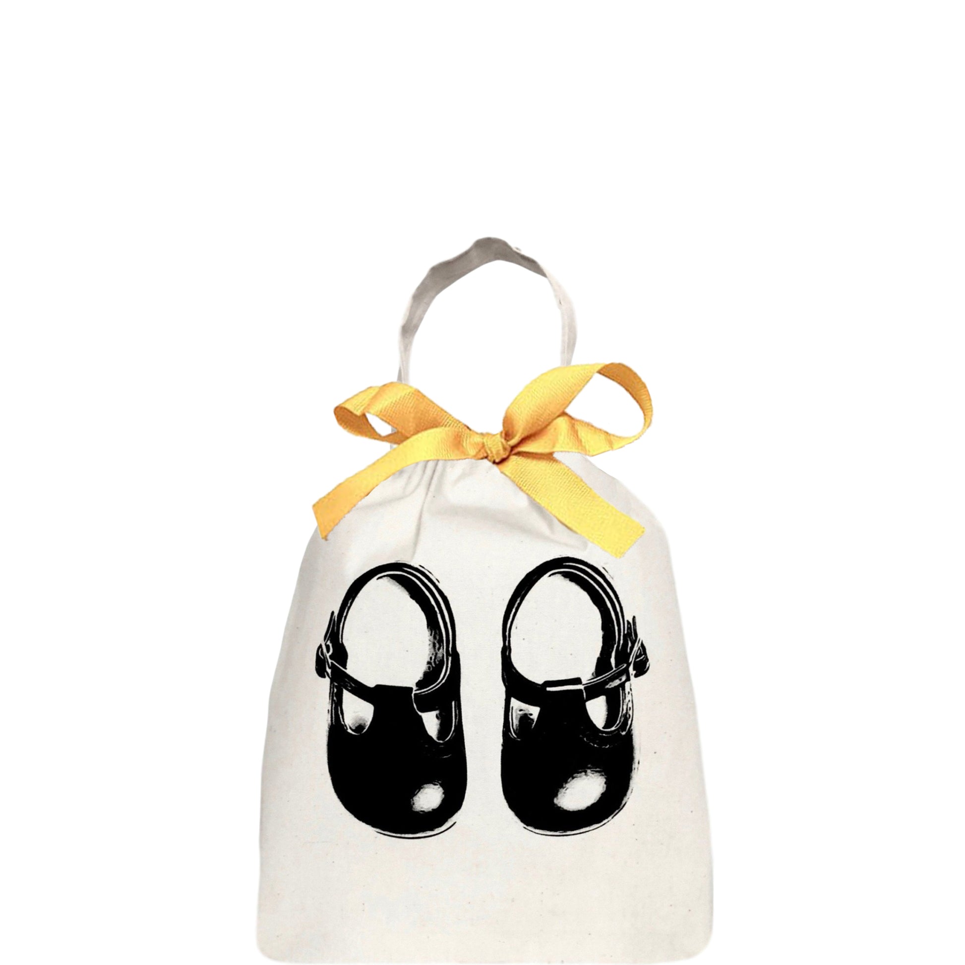 Bag-all white cotton organizer bag with black baby shoes print and yellow bow, perfect for storing children's footwear and accessories