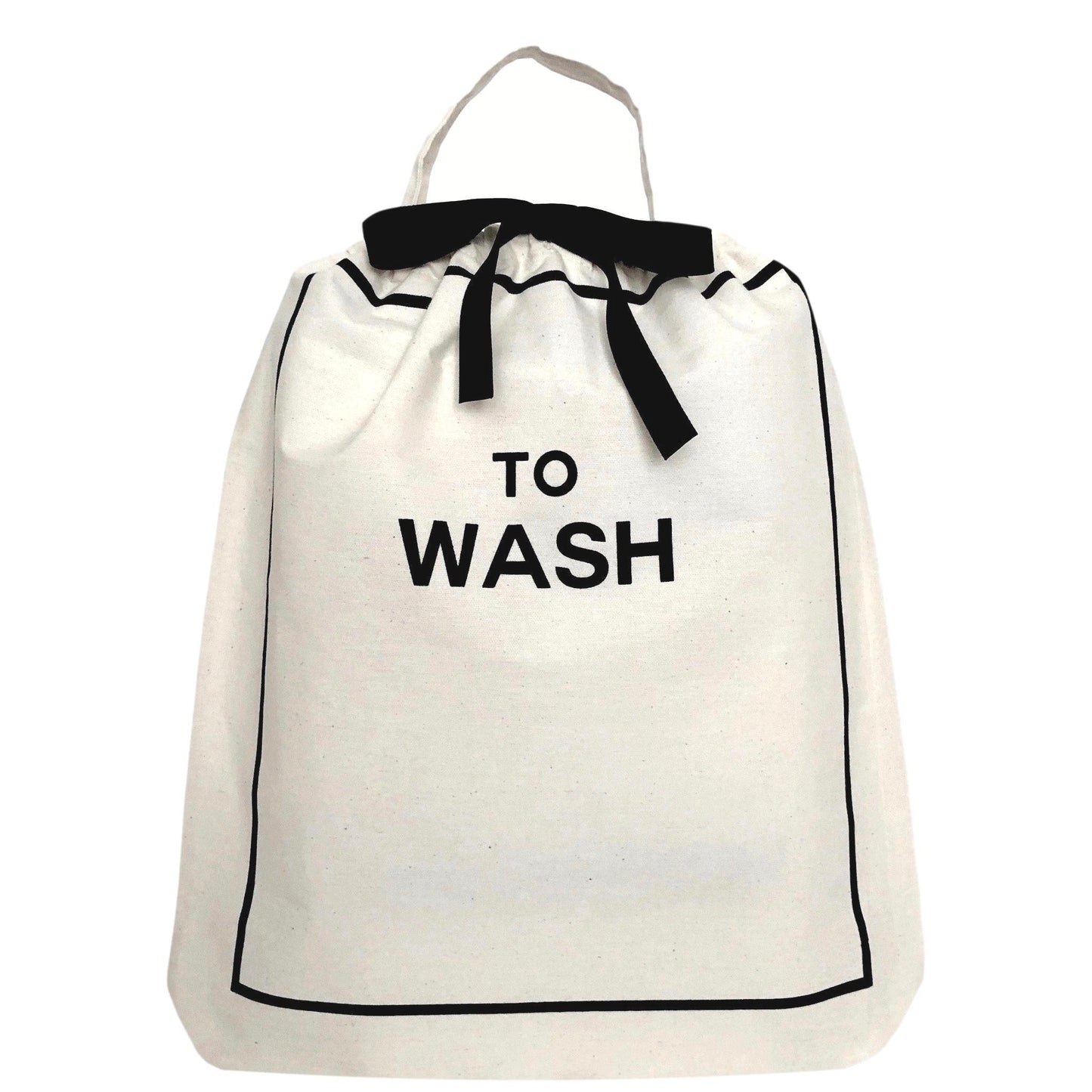 Bag-all To Wash cotton laundry bag in white with black trim and text, featuring drawstring closure and carrying handle for easy organization