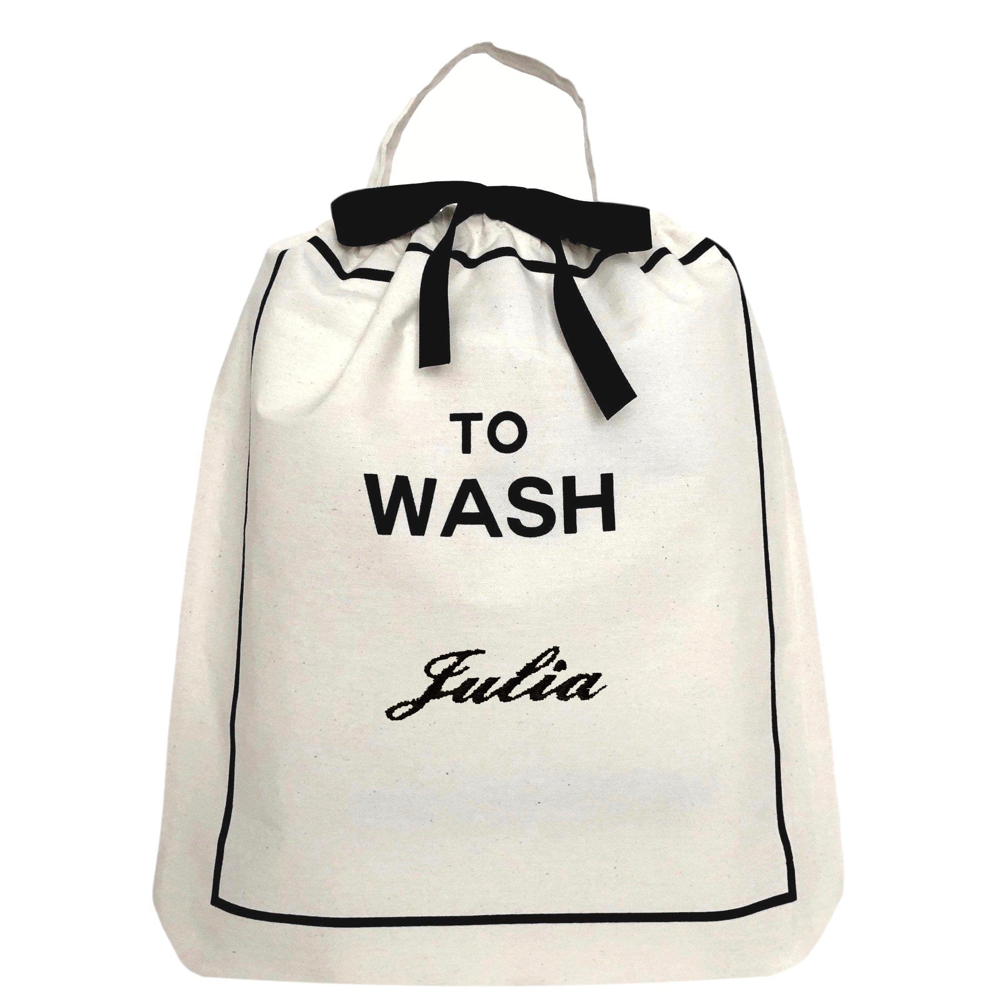 Bag-all Toiletry Travel Gift Set 4-Pack featuring cream cotton wash bag with black text TO WASH and personalized monogram, part of luxury travel organizer collection