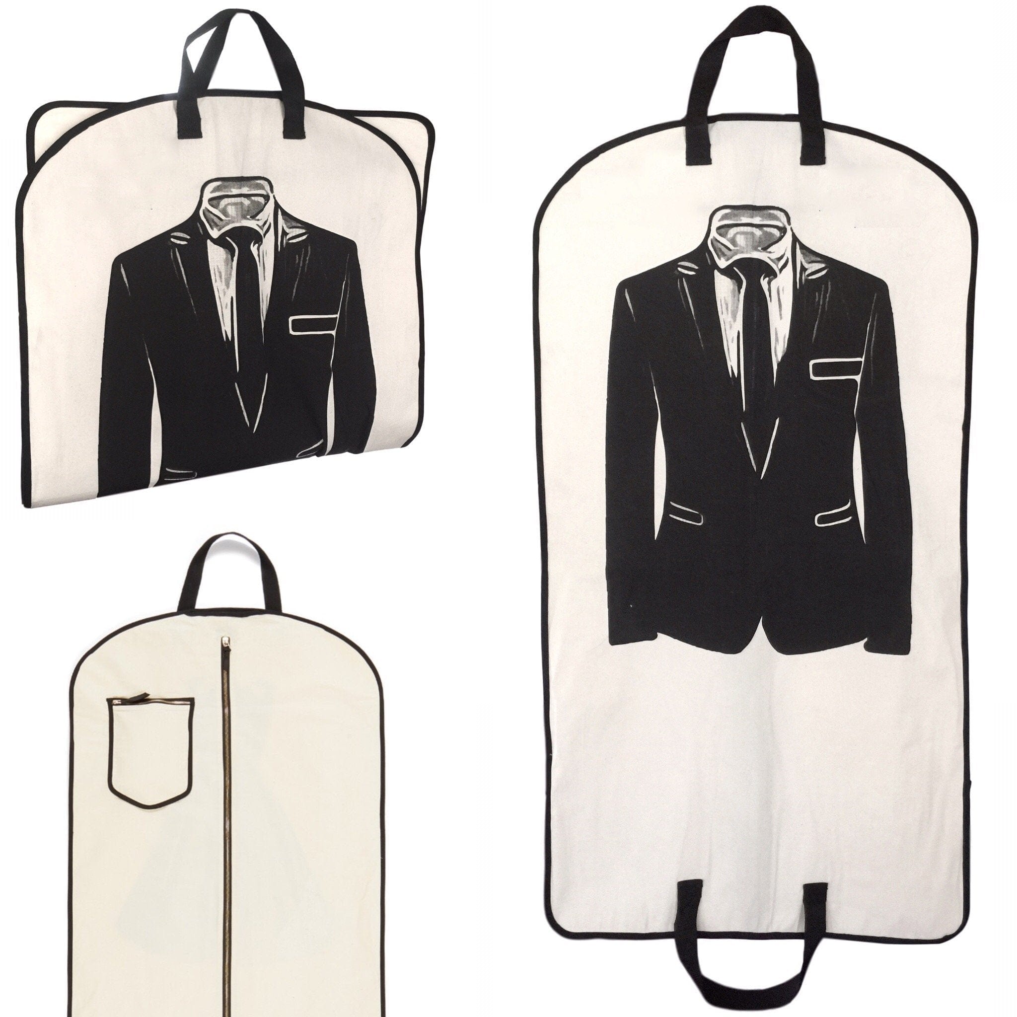 Men's Travel Set 3-pack, Cream featuring Paris-designed Bag-all personalized cotton garment bags with black suit print for stylish travel organization.