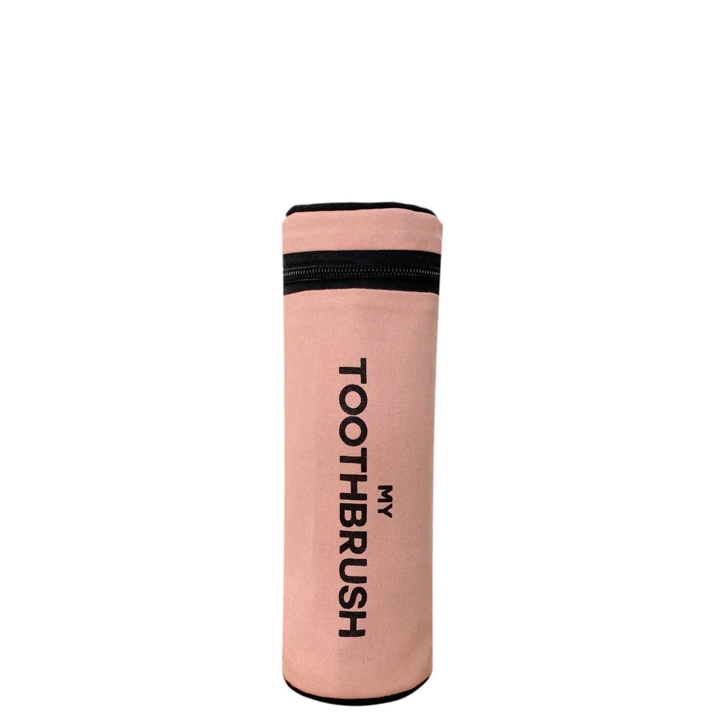 Bag-all My Toothbrush Case in blush pink cotton canvas with black zipper and text print, eco-friendly travel organizer for dental care