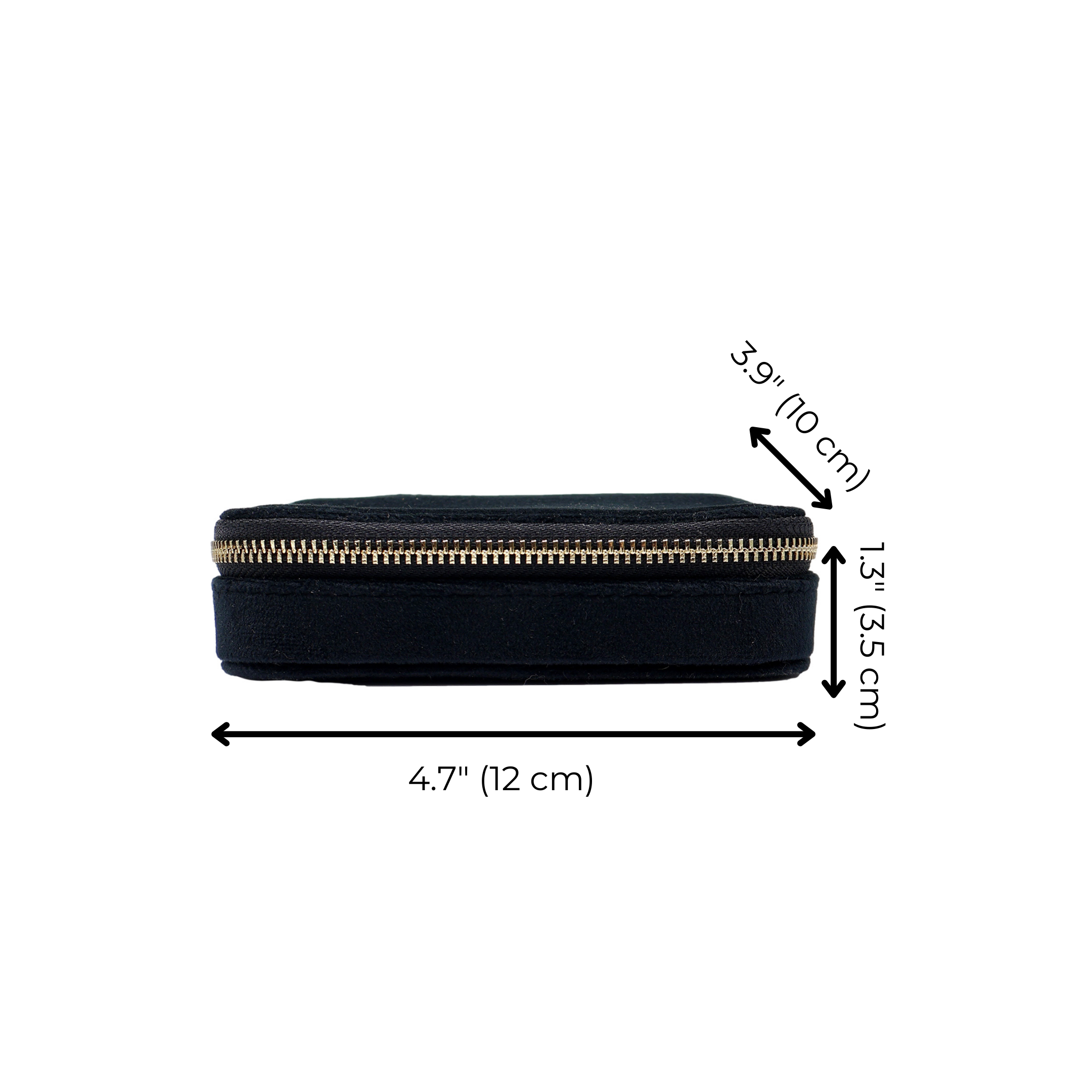 Black Bag-all jewellery organizer case in eco velvet with gold zipper and compact dimensions on white background