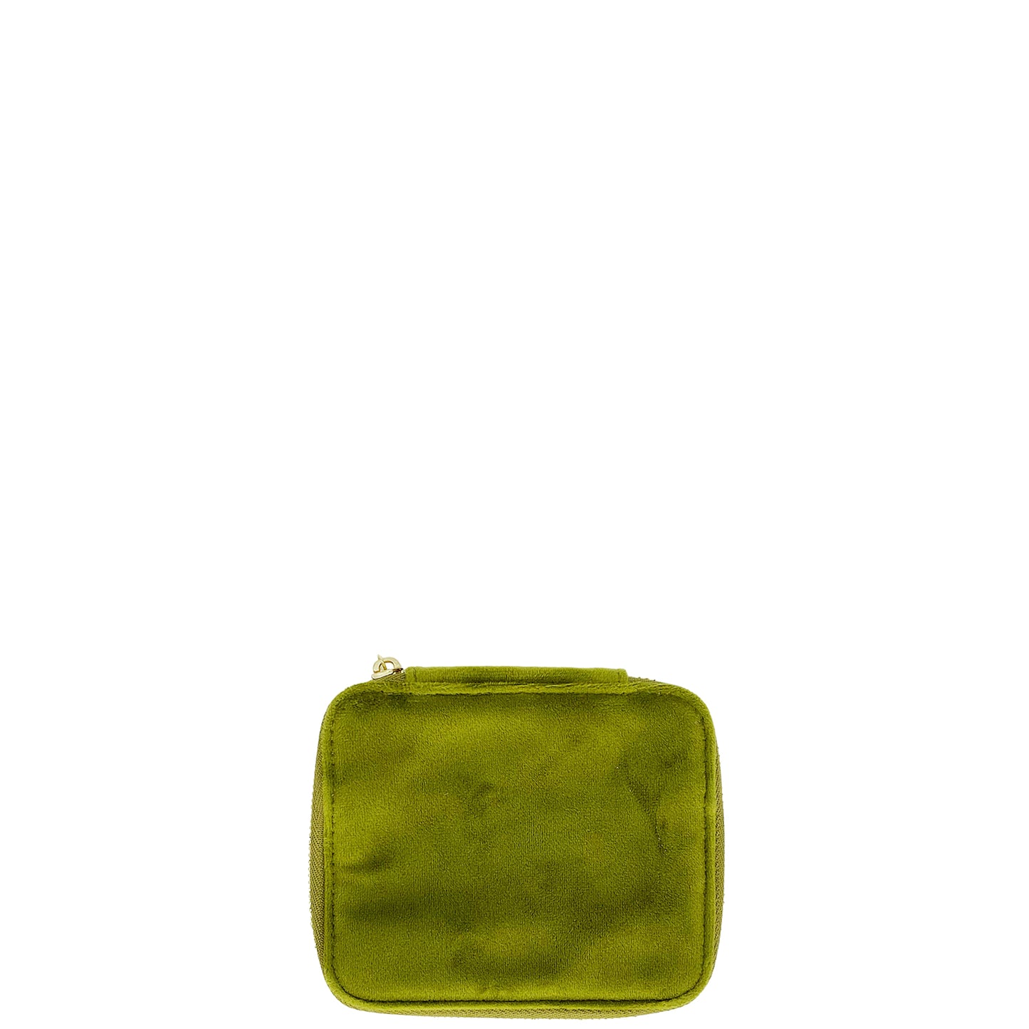Bag-all Cute Jewelry Box in green recycled velvet with gold zipper, featuring compartments for rings, necklaces and earrings. Monogrammable luxury travel organizer.