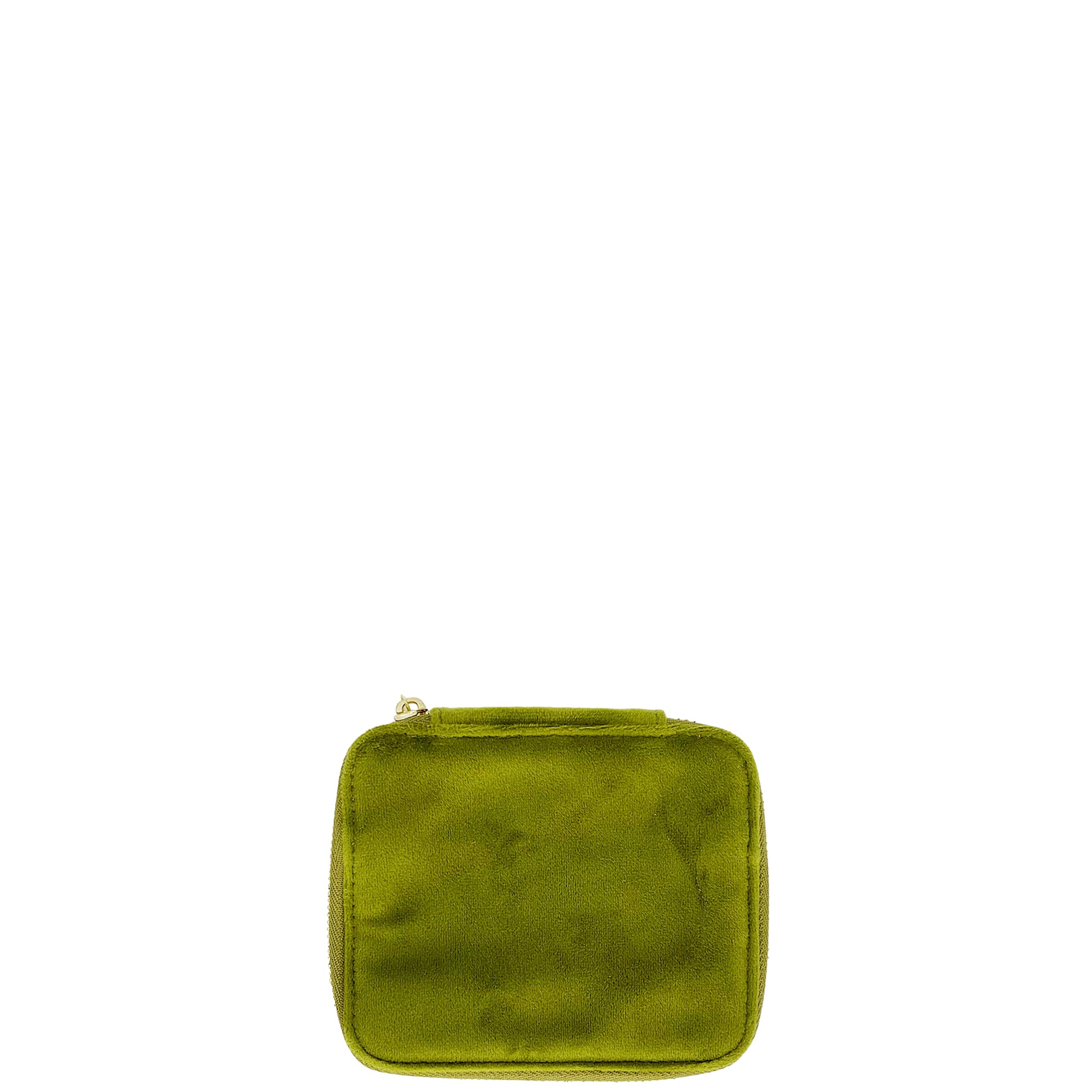 Bag-all Cute Jewelry Box in green recycled velvet with gold zipper, featuring compartments for rings, necklaces and earrings. Monogrammable luxury travel organizer.