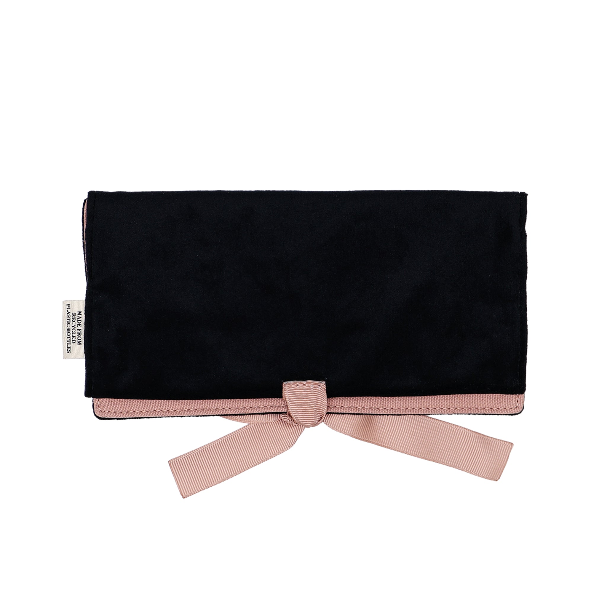 Bag-all black eco velvet jewelry roll with soft pink grosgrain tie for stylish and compact jewelry storage