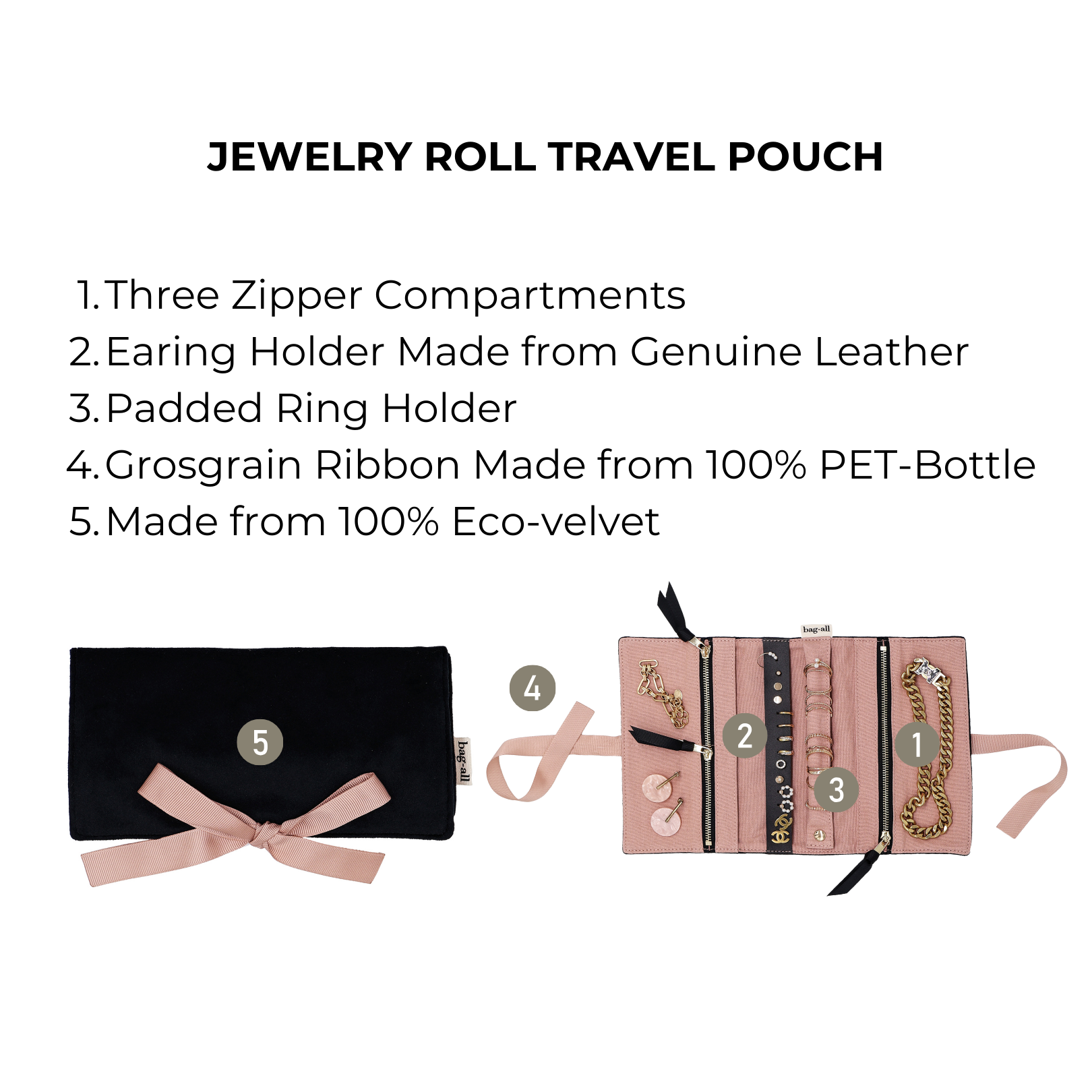 Bag-all medium eco-velvet black jewelry roll with pink grosgrain ribbon, leather earring holder, and zipper compartments