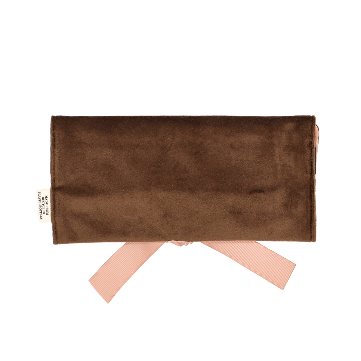 Couture Jewellery Roll, Medium – Eco Velvet – Espresso Brown by Bag-all in brown velvet with pink ribbon for travel organization