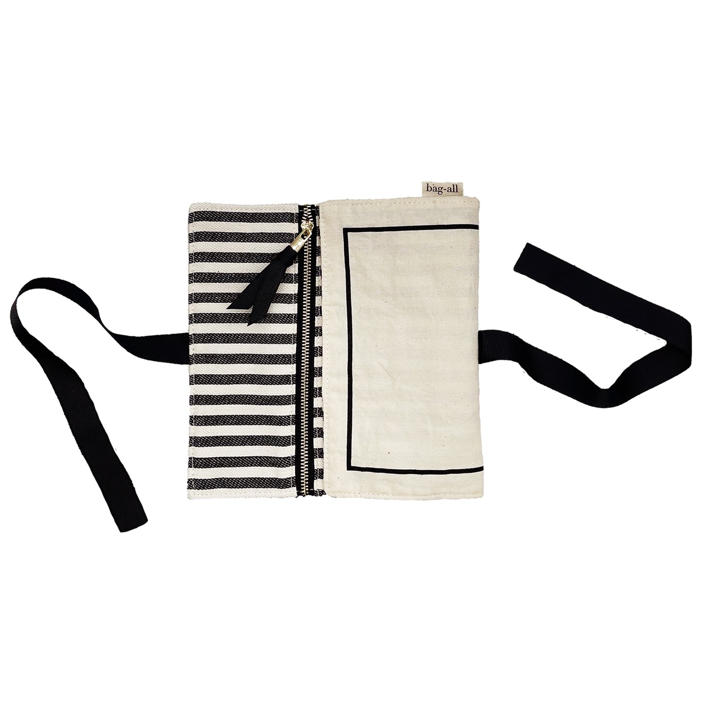 Bag-all Couture Jewelry Roll Medium in cream with black striped lining, featuring multiple zippered compartments and tie closure for elegant jewelry organization and travel storage