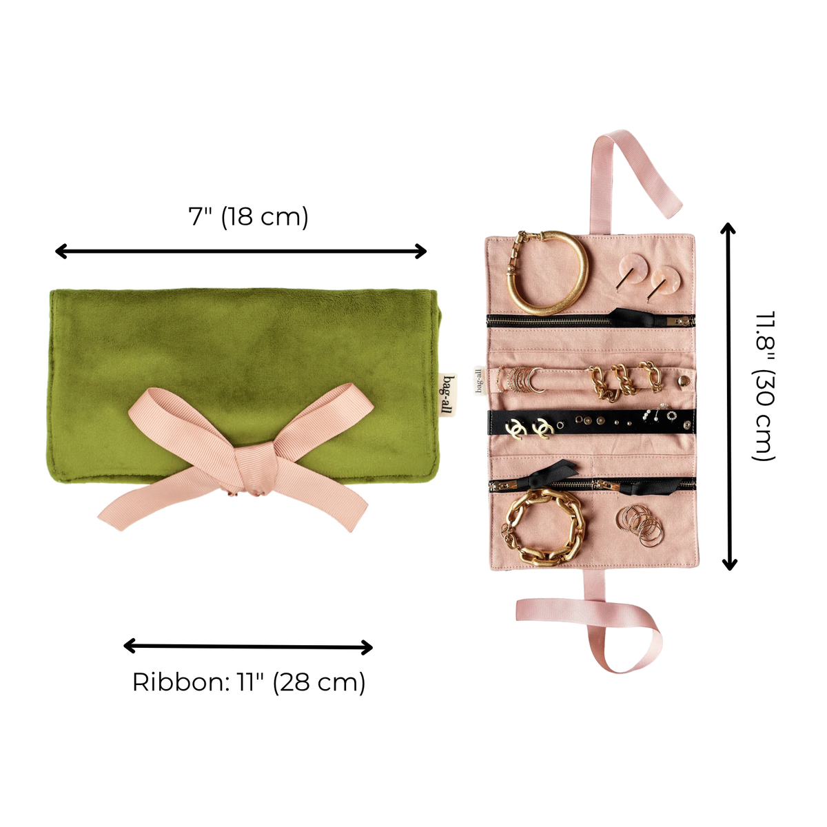 Size guide for Bag-all Couture Jewellery Roll, Medium – Eco Velvet – Matcha Green showing 7 in (18 cm) width and 11.8 in (30 cm) height