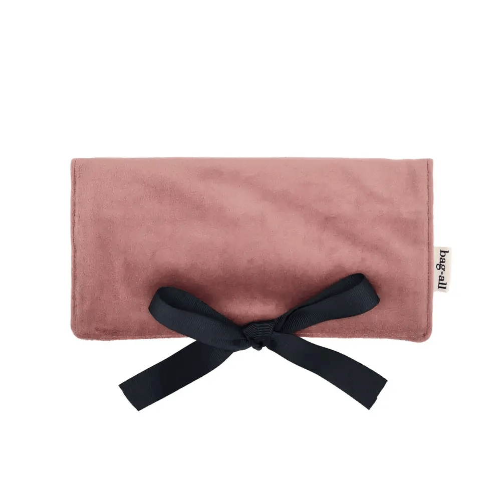 Couture Jewellery Roll, Medium – Velvet – Blush Pink by Bag-all in blush velvet with black ribbon for travel jewelry