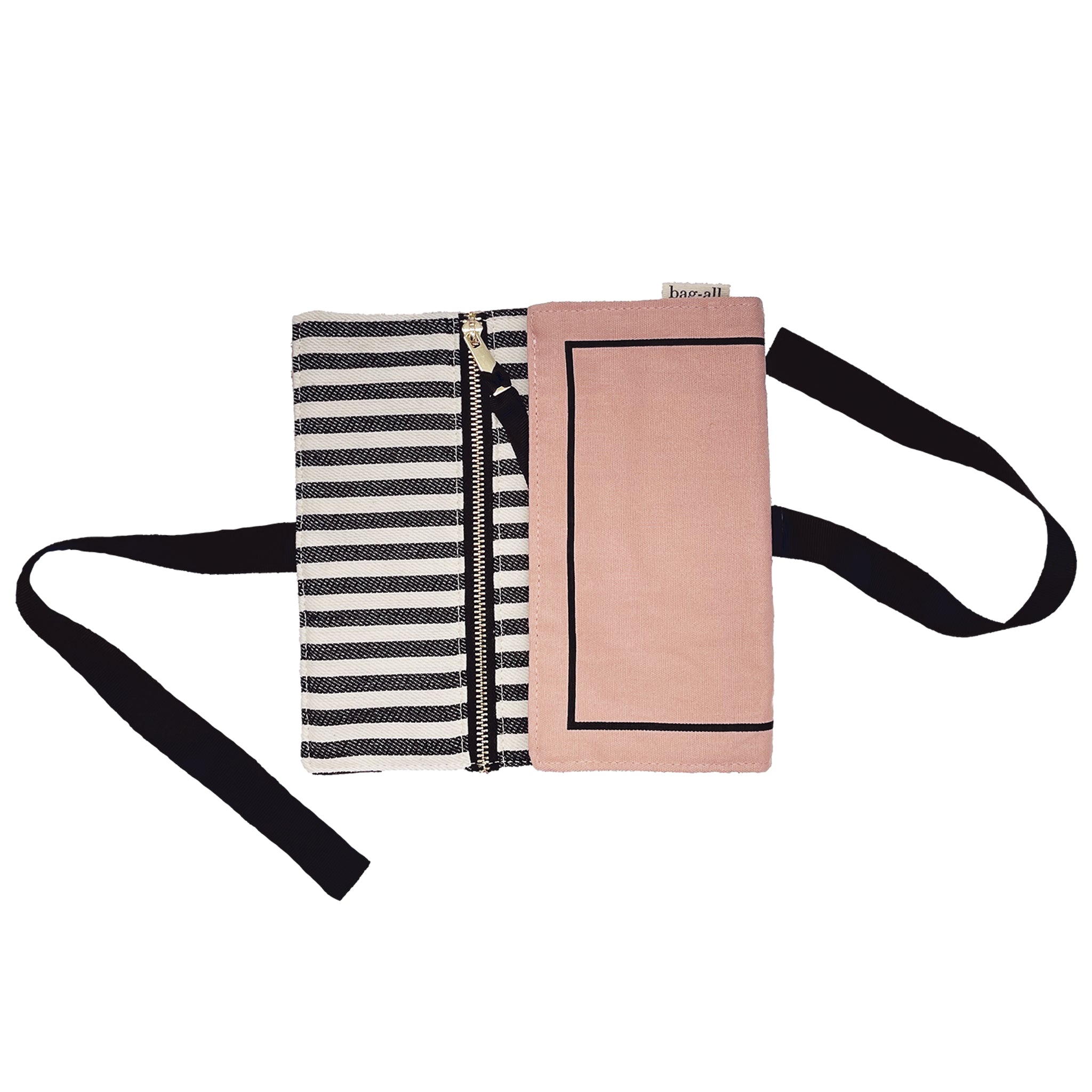 Bag-all Couture Jewelry Roll Medium in pink with striped lining, featuring three zippered compartments and black straps, perfect for organizing jewelry while traveling