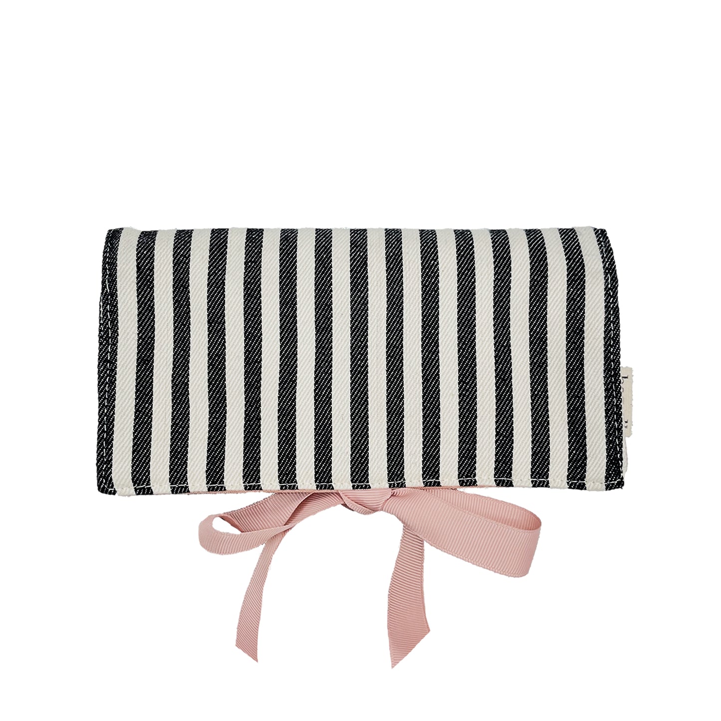 Bag-all Couture Jewelry Roll Medium in black and white stripes with pink bow, featuring three compartments and leather holders for elegant jewelry storage and travel organization