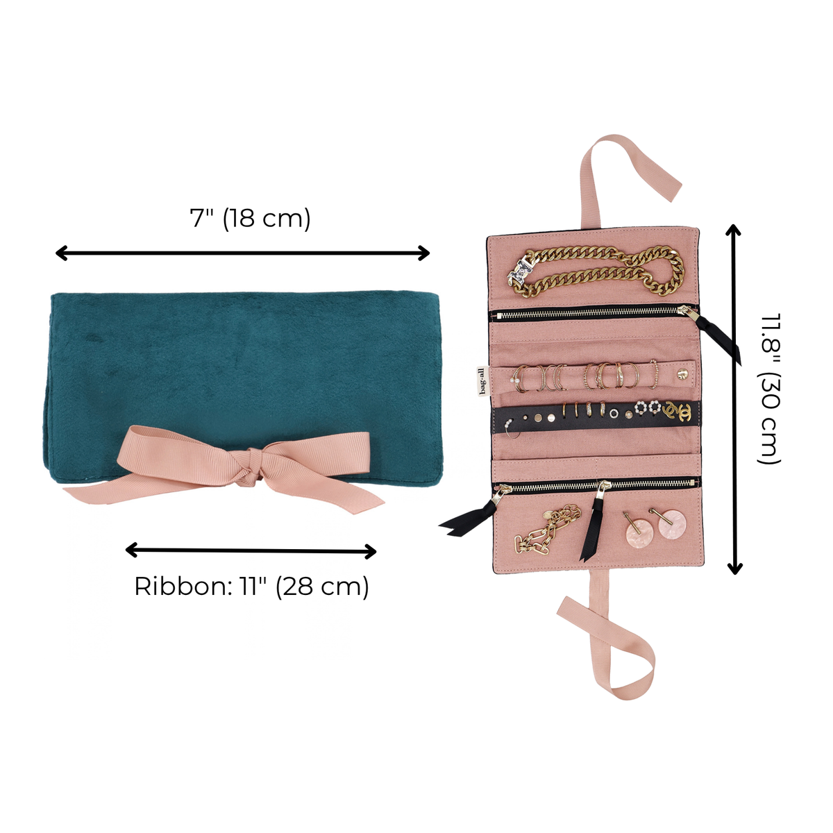 Bag-all Couture Jewellery Roll, Medium – Eco Velvet – Aqua Teal open jewelry organizer for travel organization