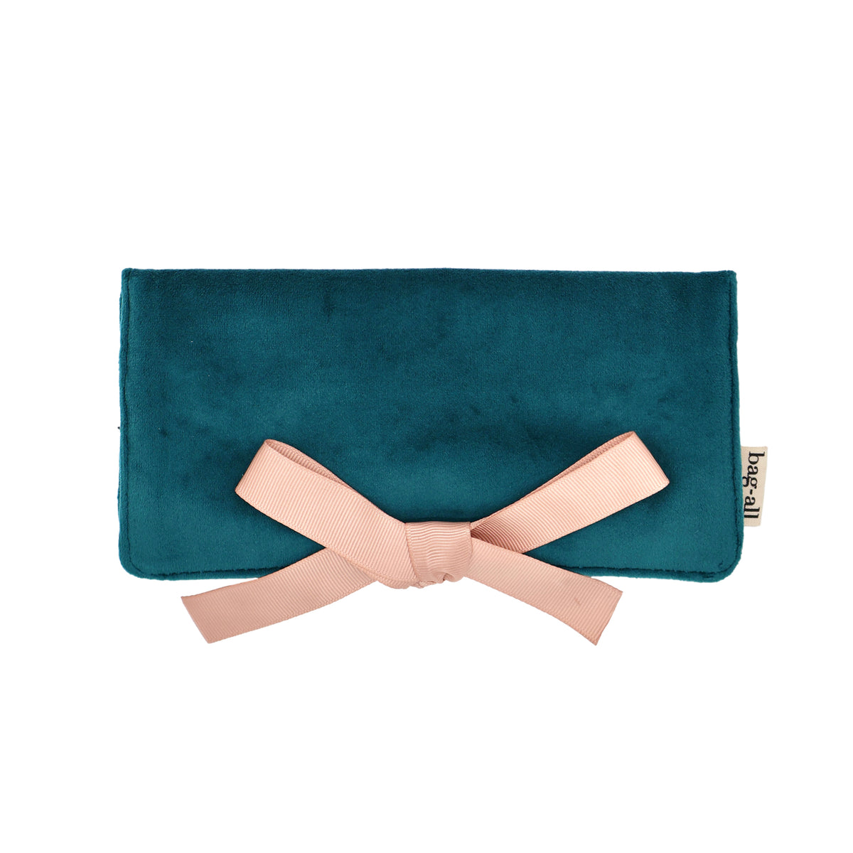 Couture Jewellery Roll, Medium – Eco Velvet – Aqua Teal by Bag-all in teal velvet with pink bow for travel organization