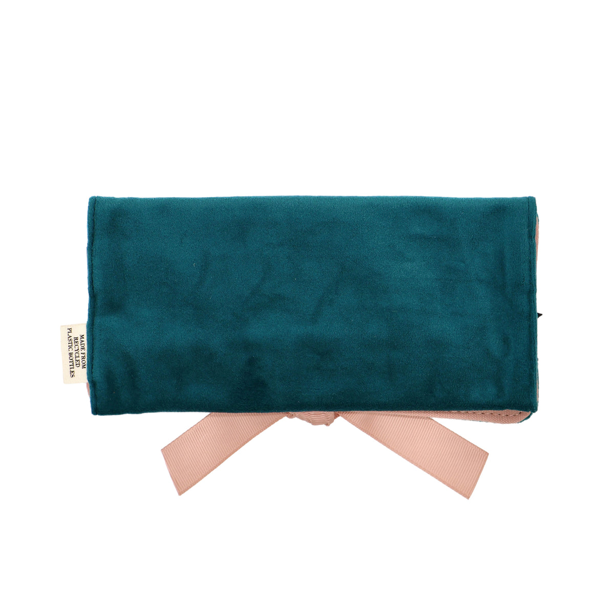 Couture Jewellery Roll, Medium – Eco Velvet – Aqua Teal by Bag-all in teal velvet with pink ribbon for travel organization