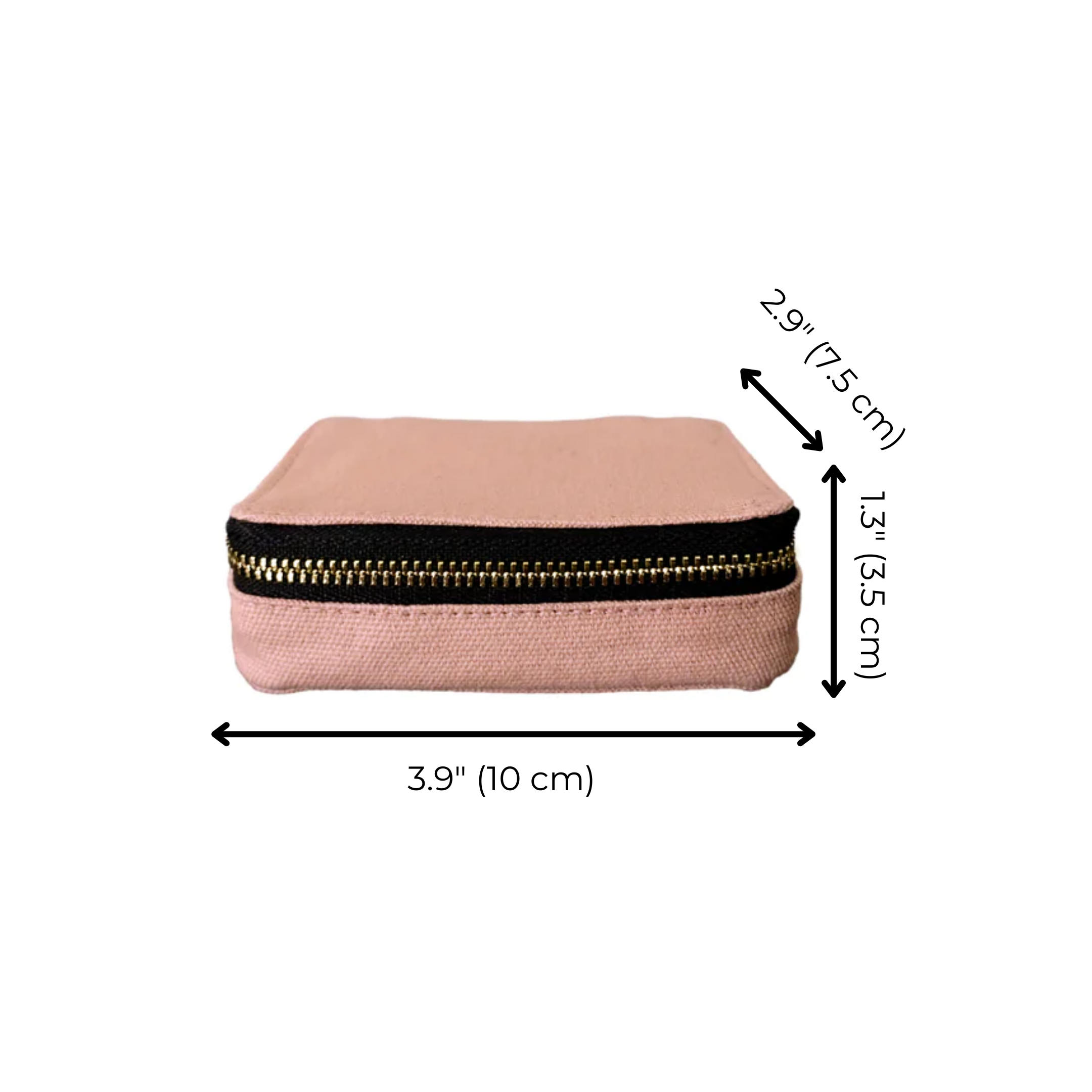 Bag-all Pink Jewelry/Trinket Box with gold zipper, compact size 3.9x1.3x2.9 inches, perfect for organizing accessories in blush cotton canvas